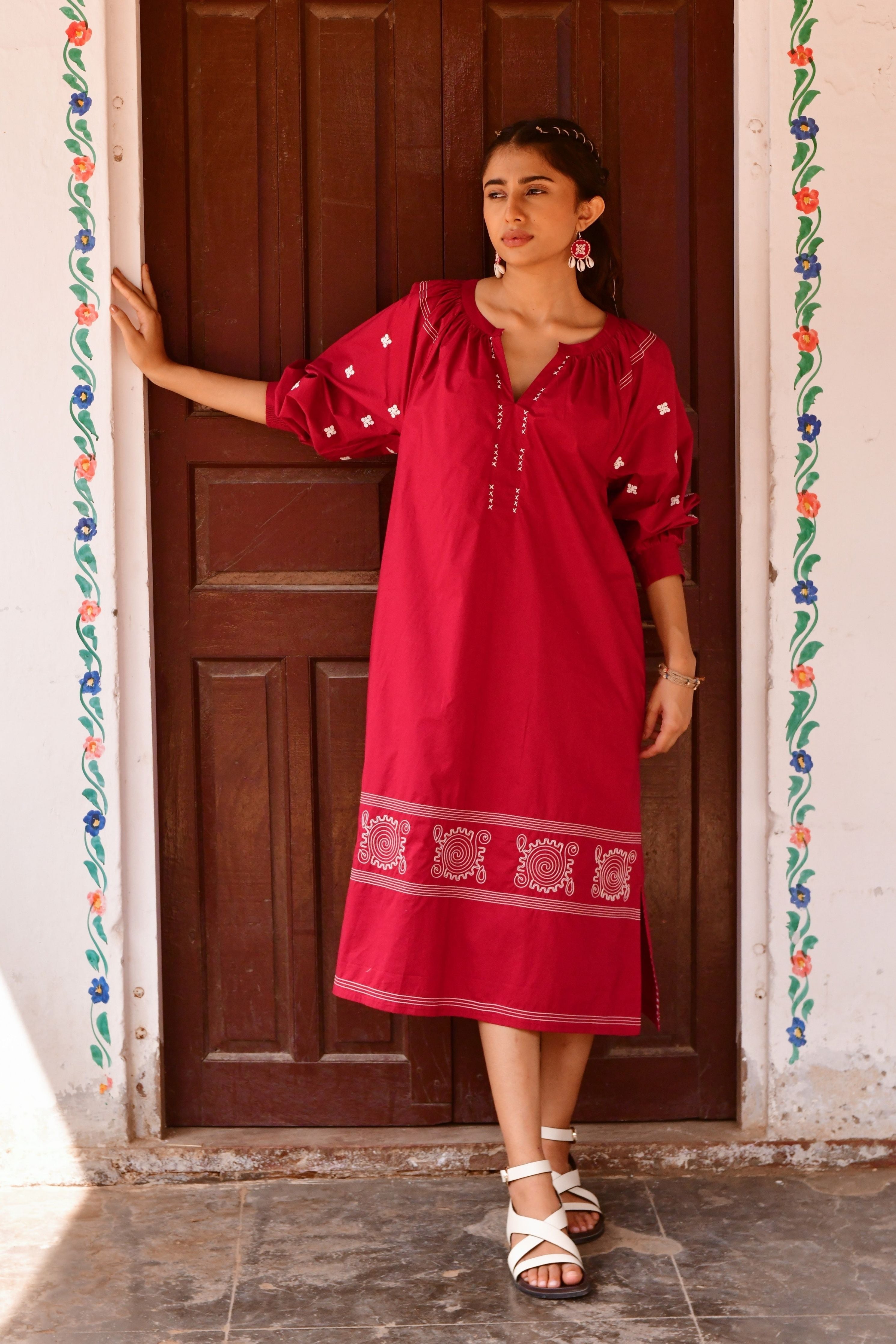 Plum Red Embroidery Dress