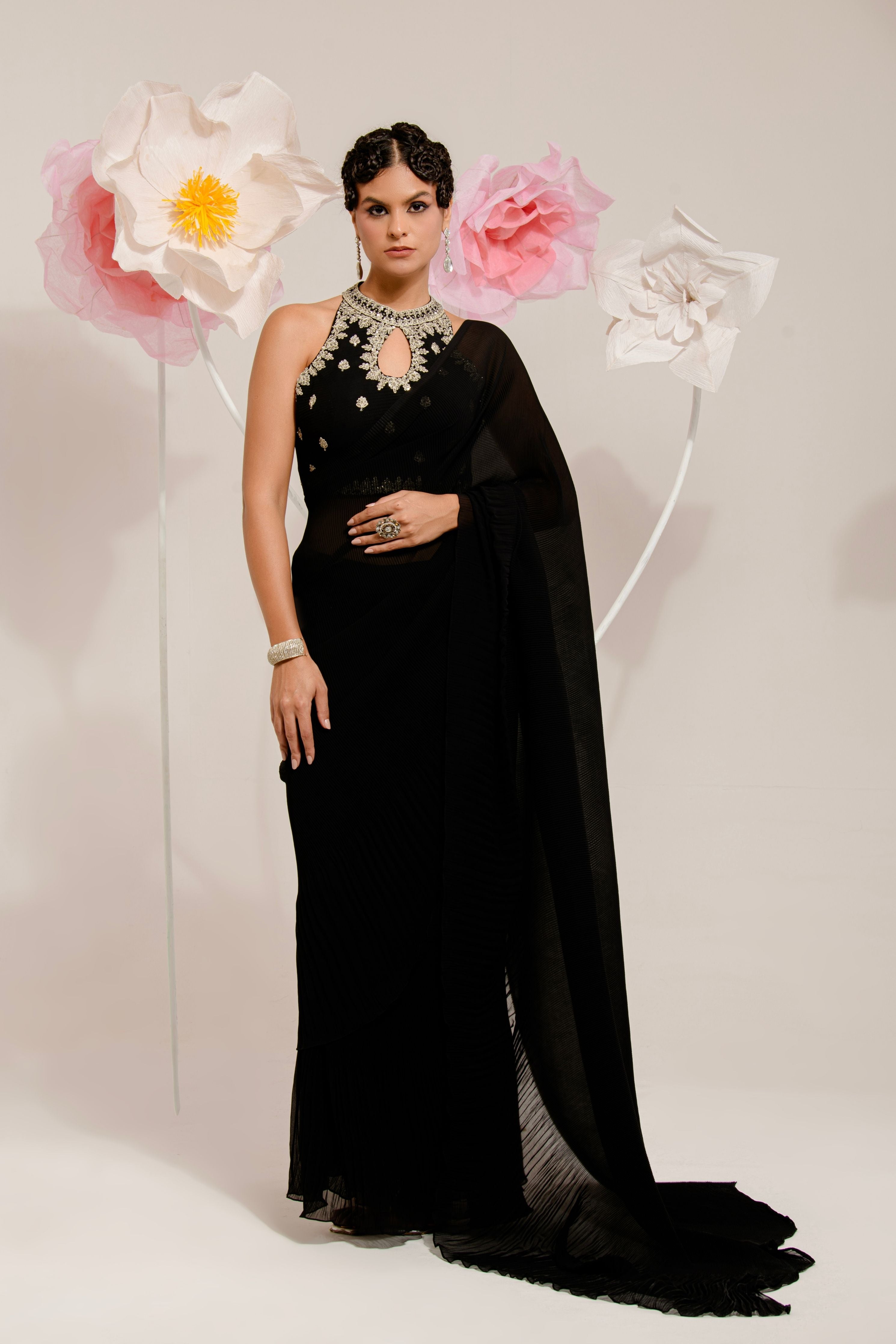 Pre-Draped Black Pleated Saree
