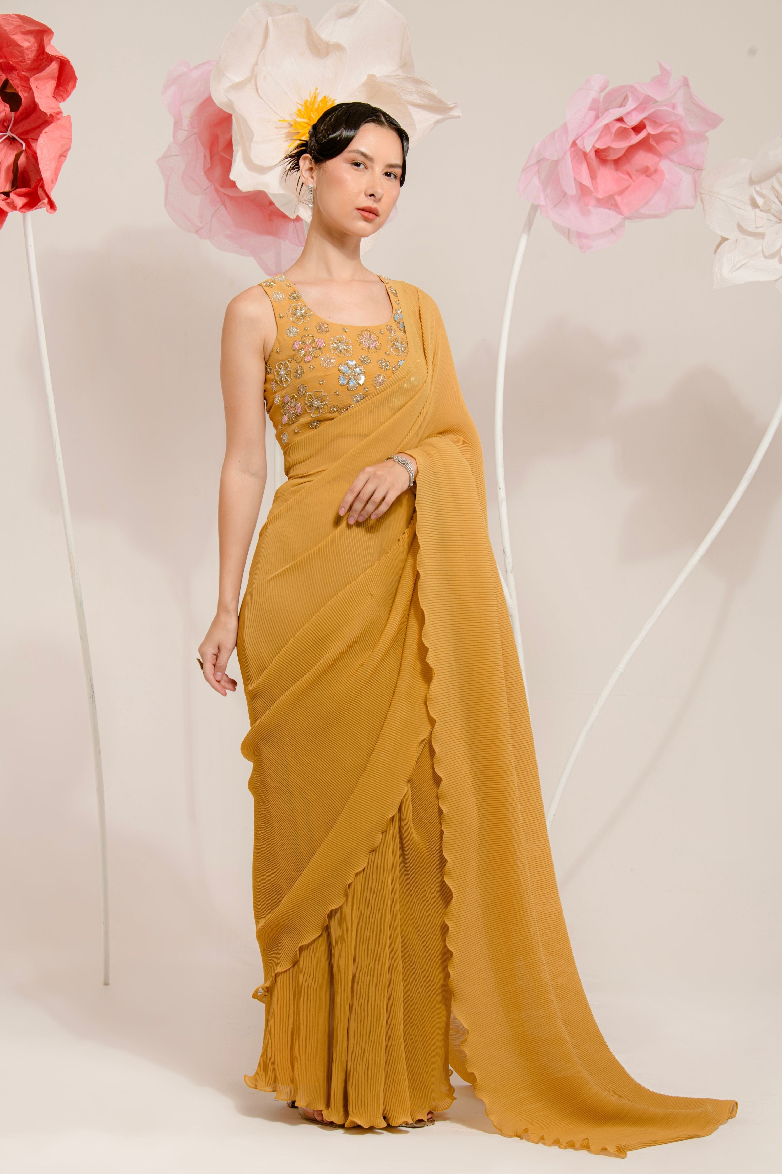 Pre-Draped Mustard Pleated Saree