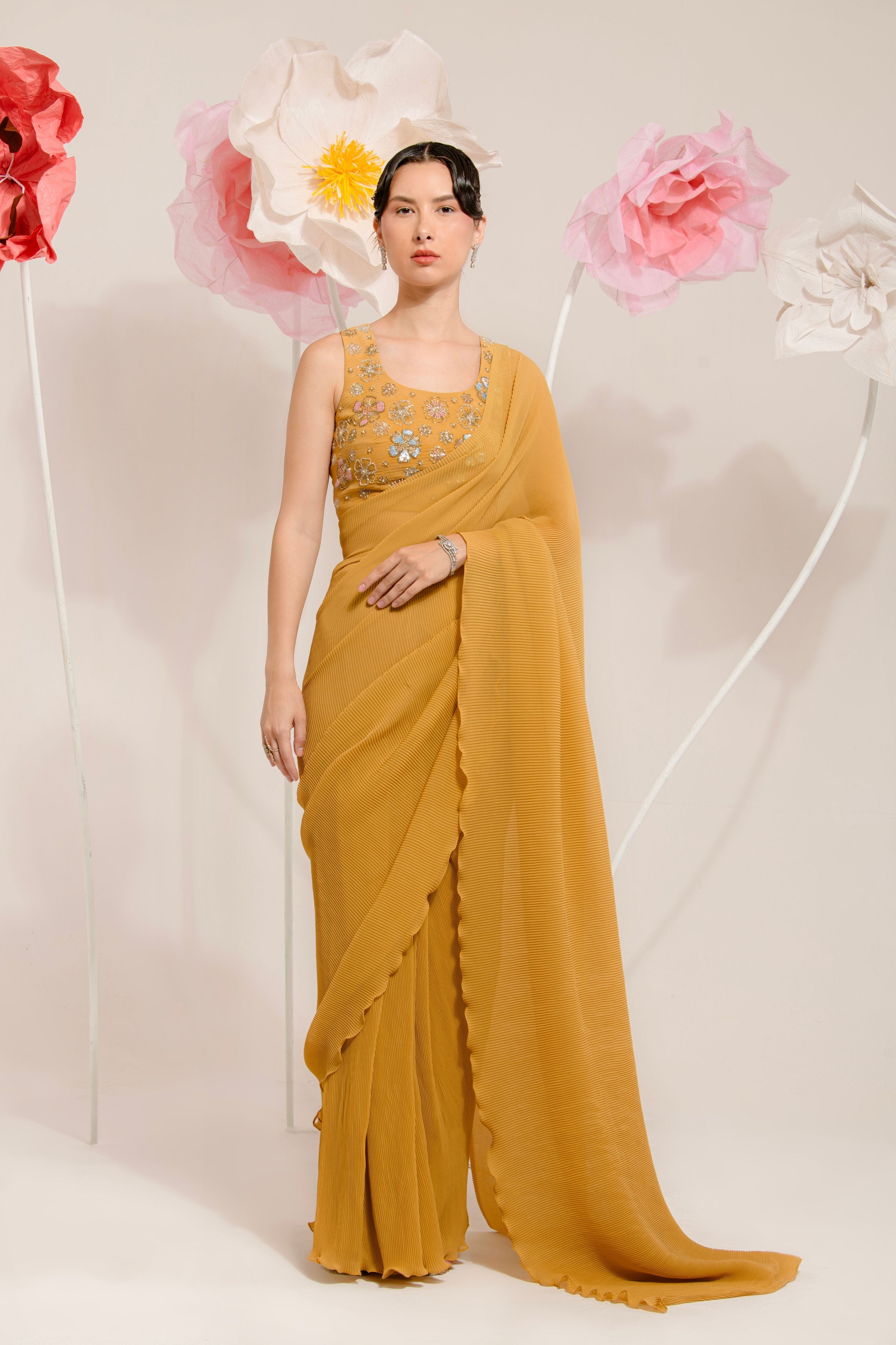 Pre-Draped Mustard Pleated Saree