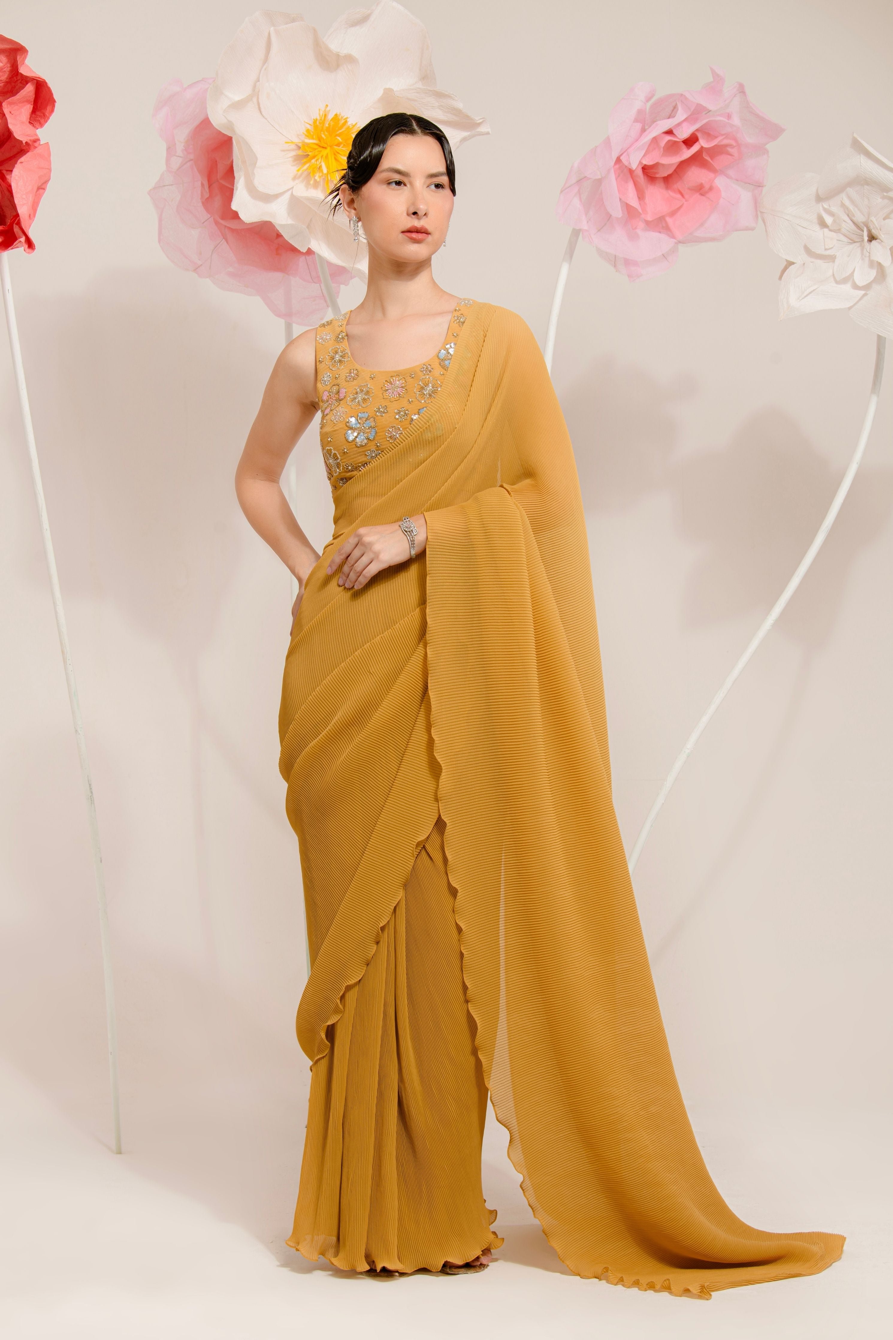 Pre-Draped Mustard Pleated Saree