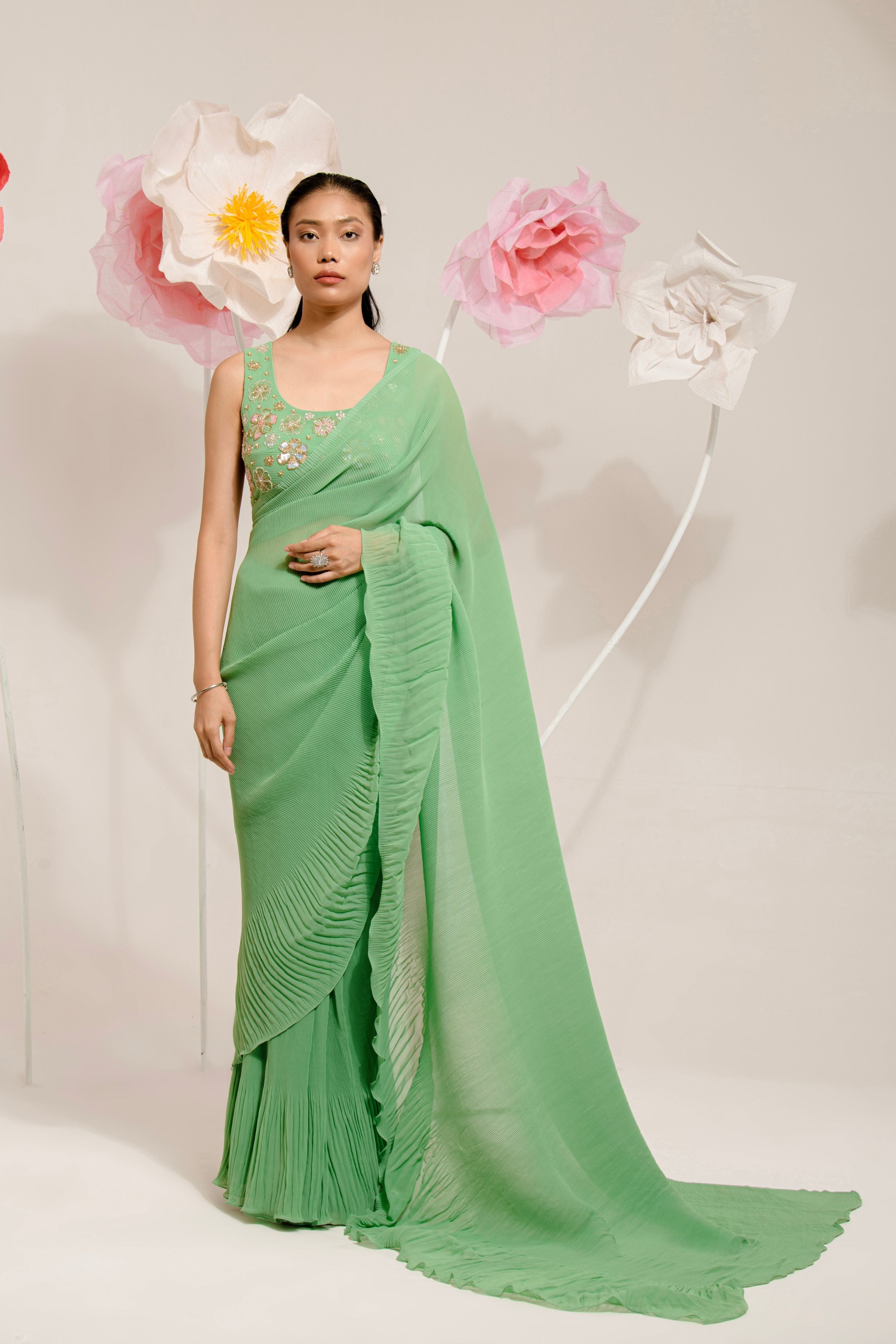 Pre-Draped Olive Green Pleated Saree