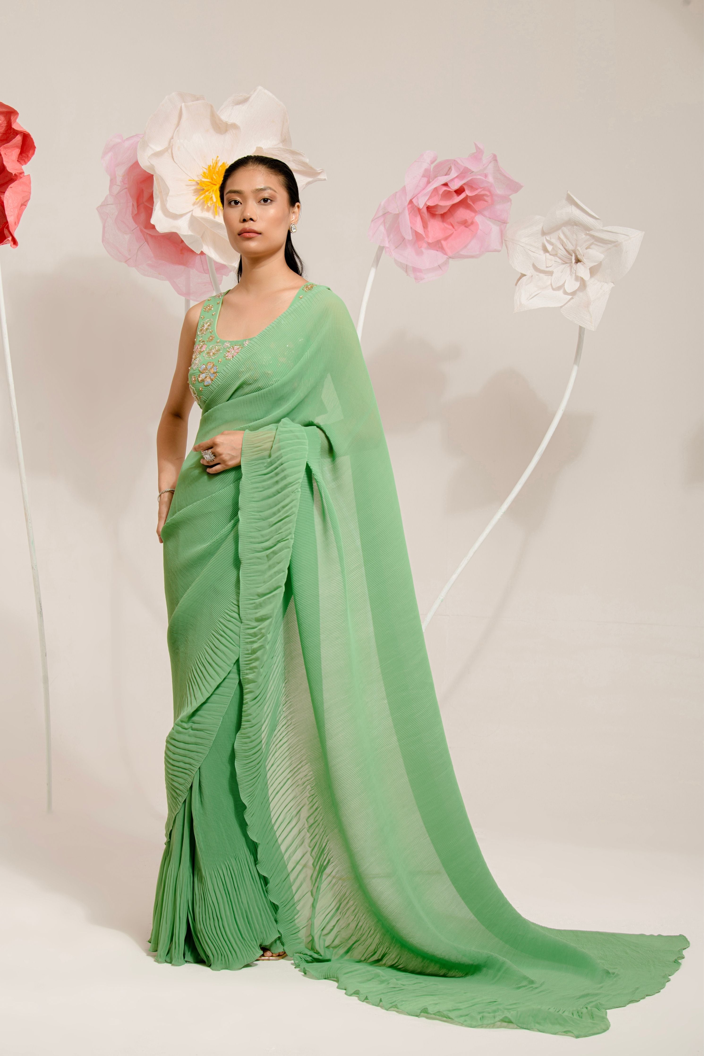 Pre-Draped Olive Green Pleated Saree