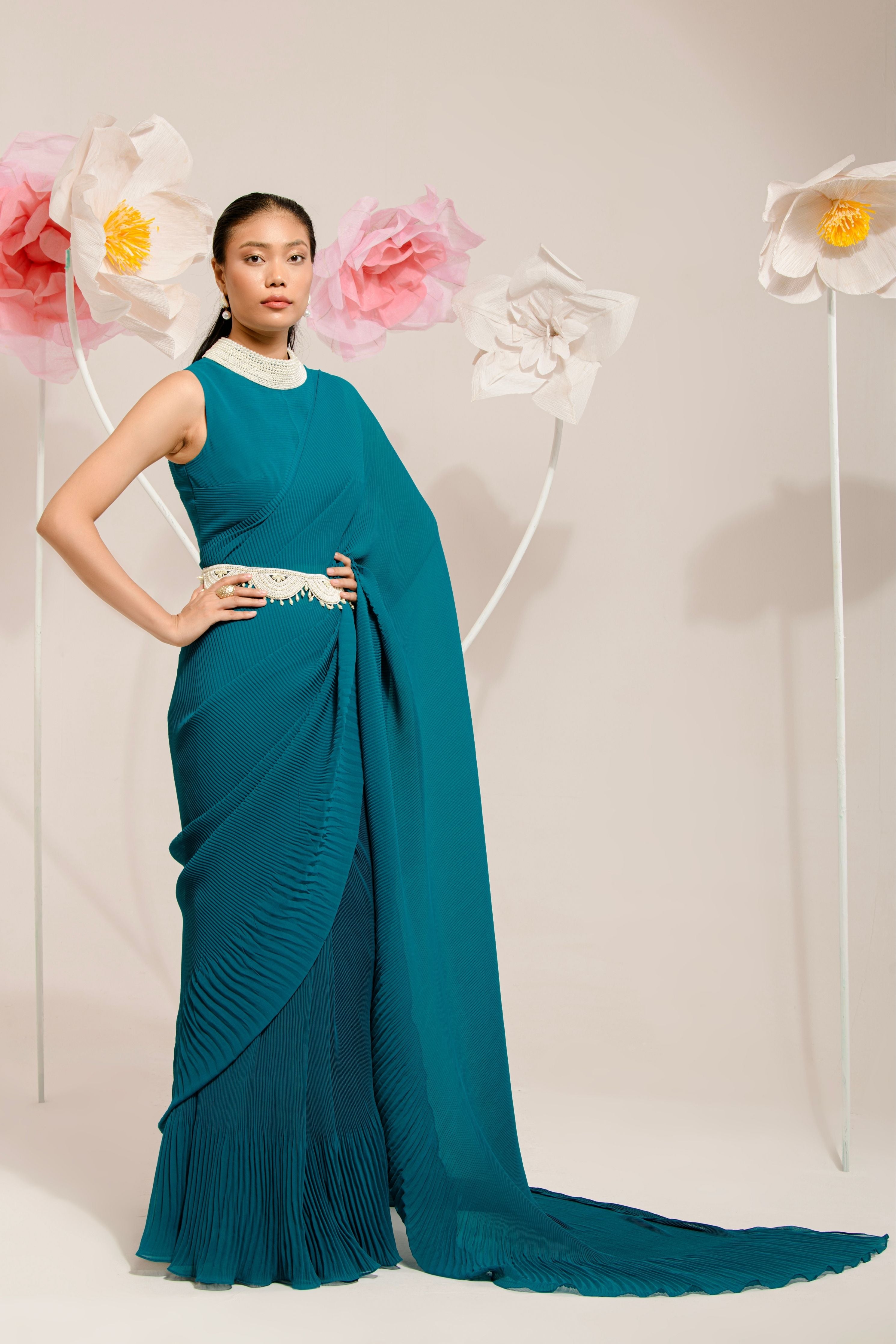 Pre-Draped Peacock Green Saree