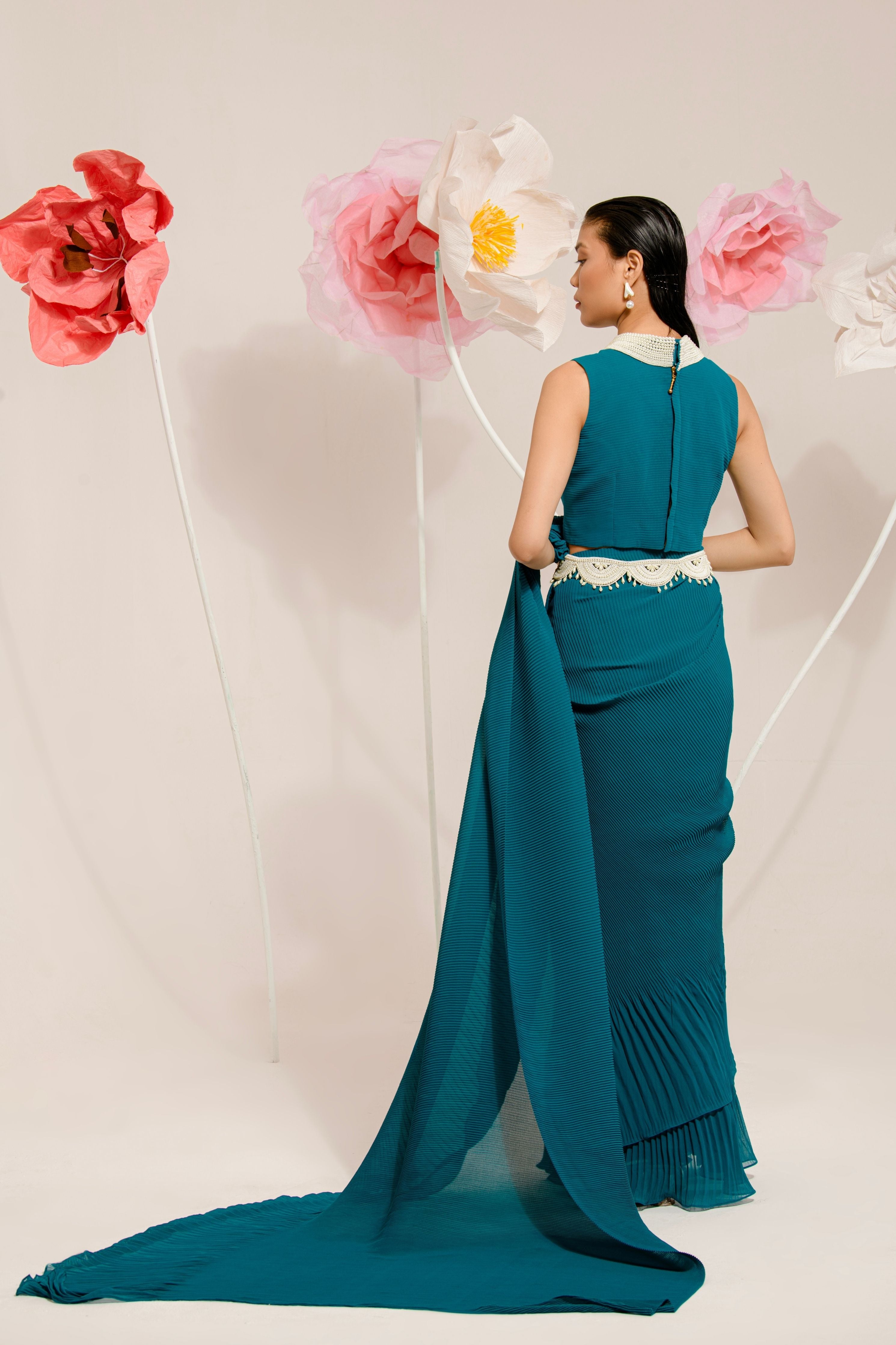 Pre-Draped Peacock Green Saree