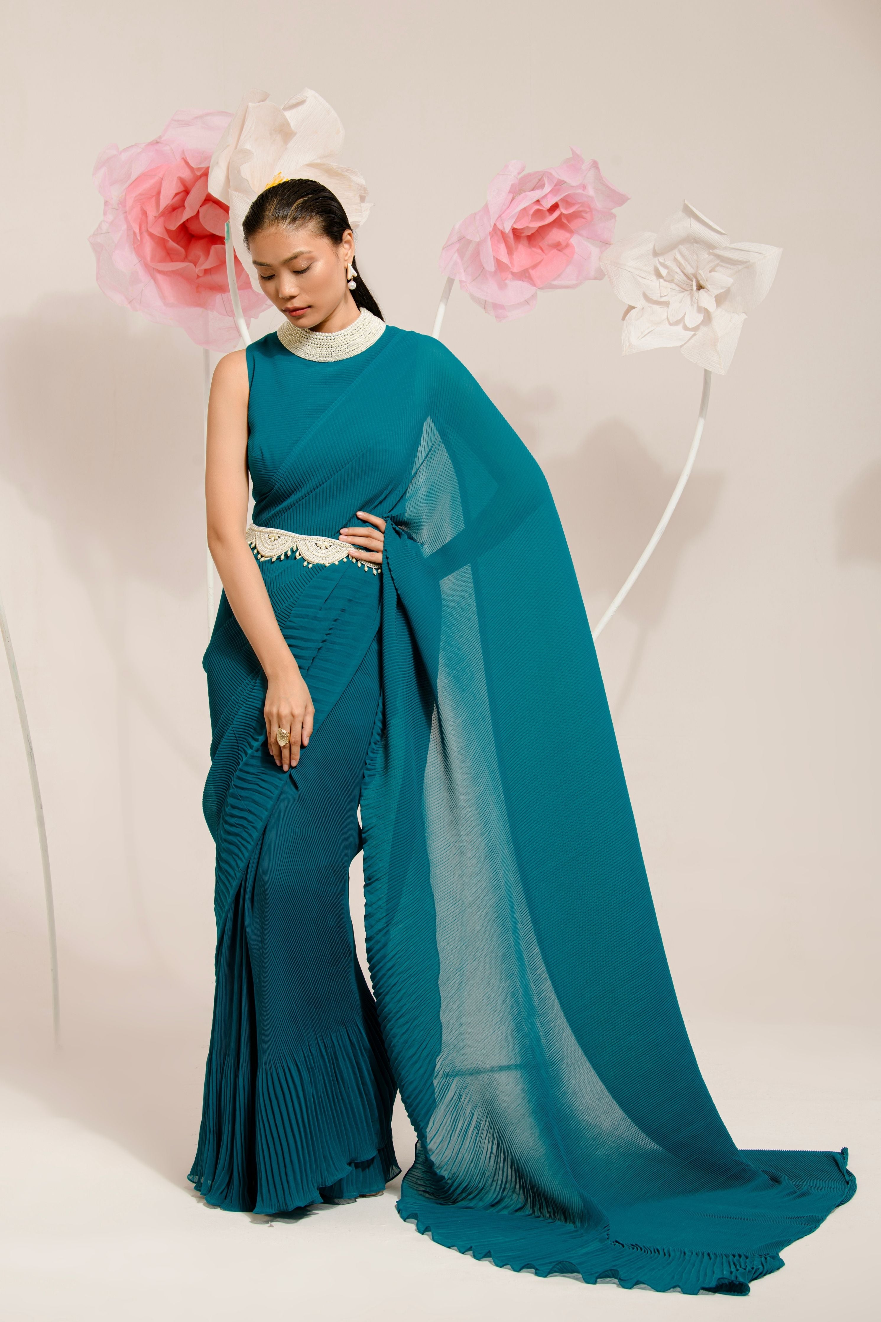Pre-Draped Peacock Green Saree