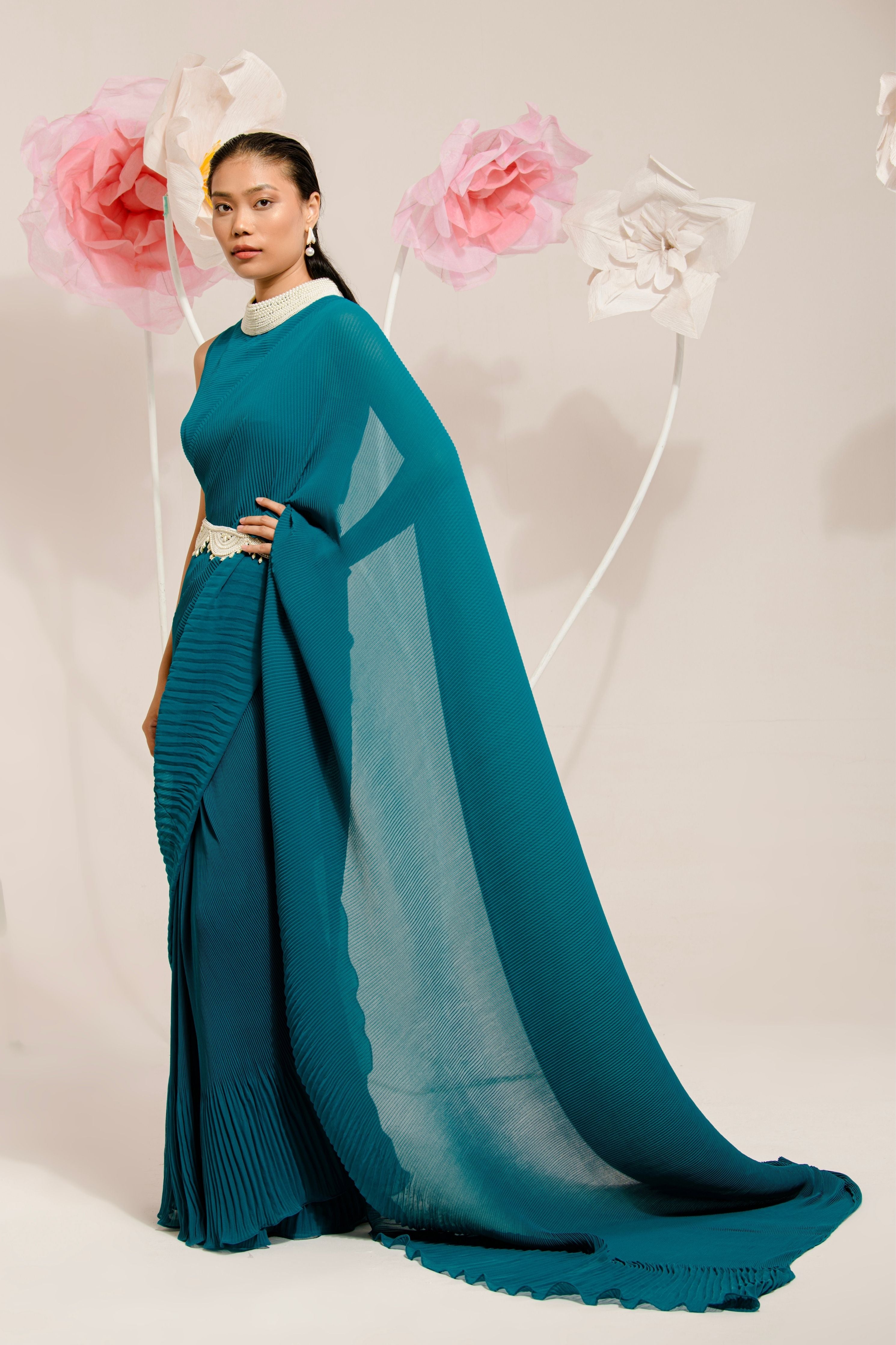 Pre-Draped Peacock Green Saree