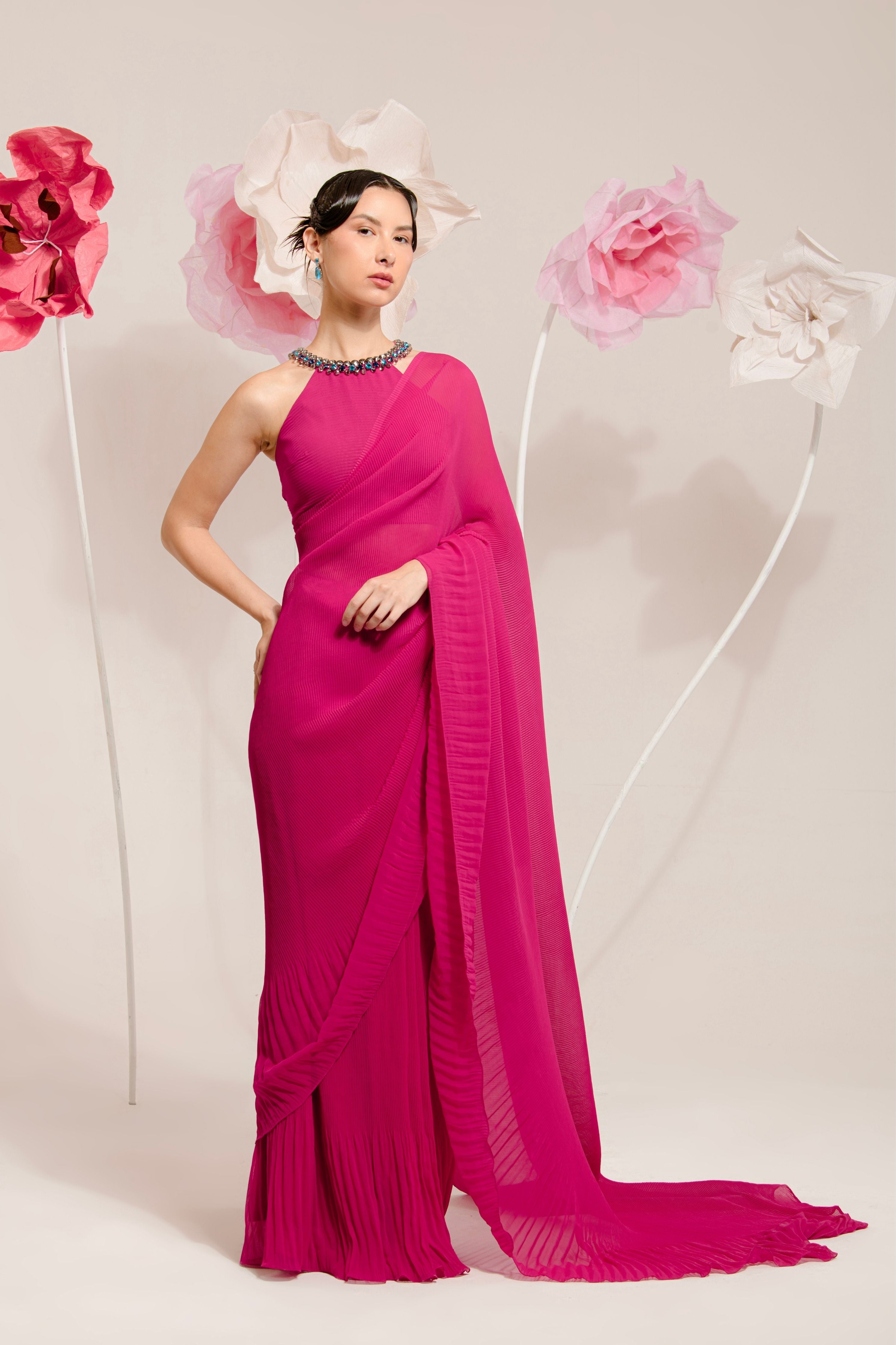 Pre-Draped Raspberry Pink Pleated Saree