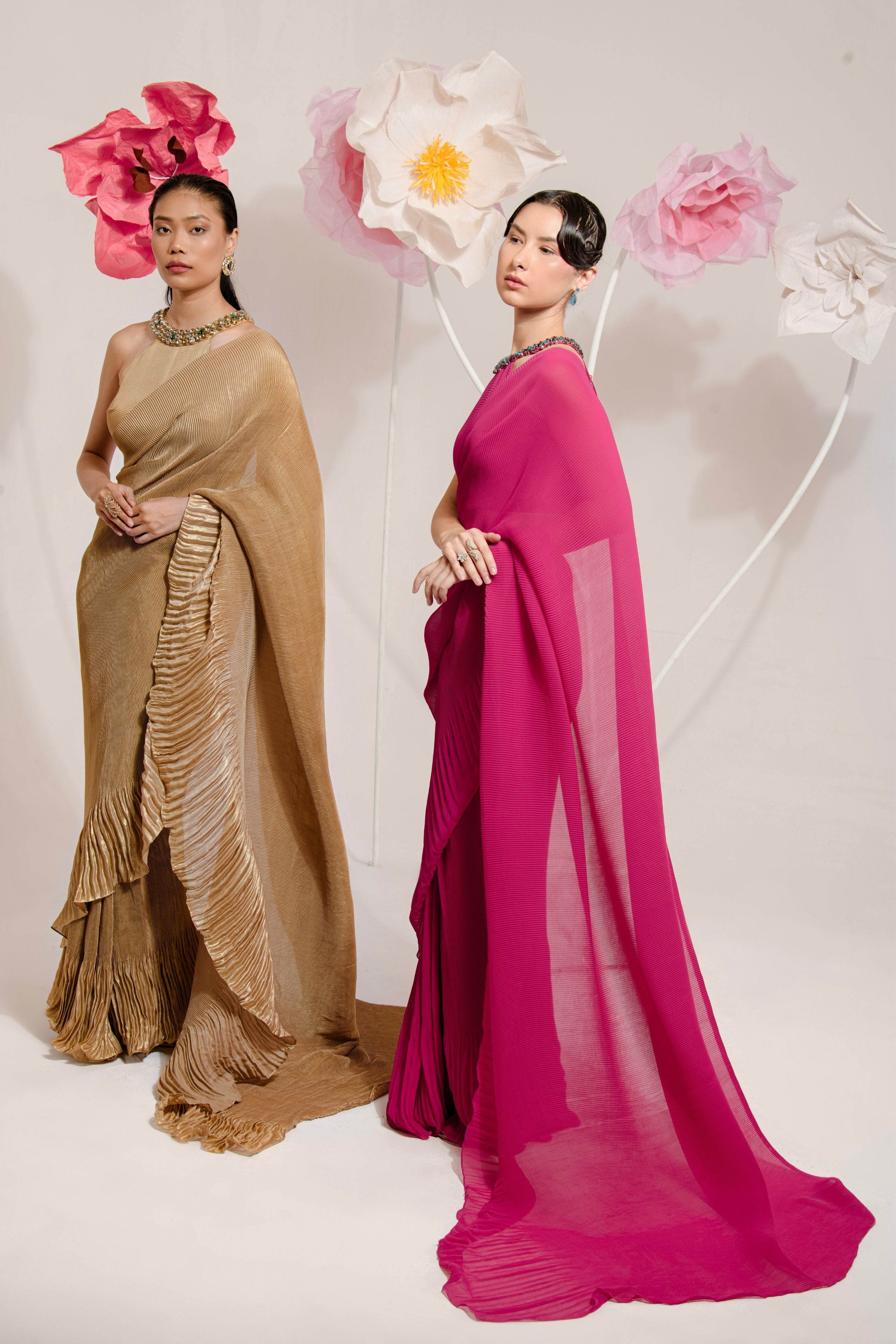 Pre-Draped Raspberry Pink Pleated Saree