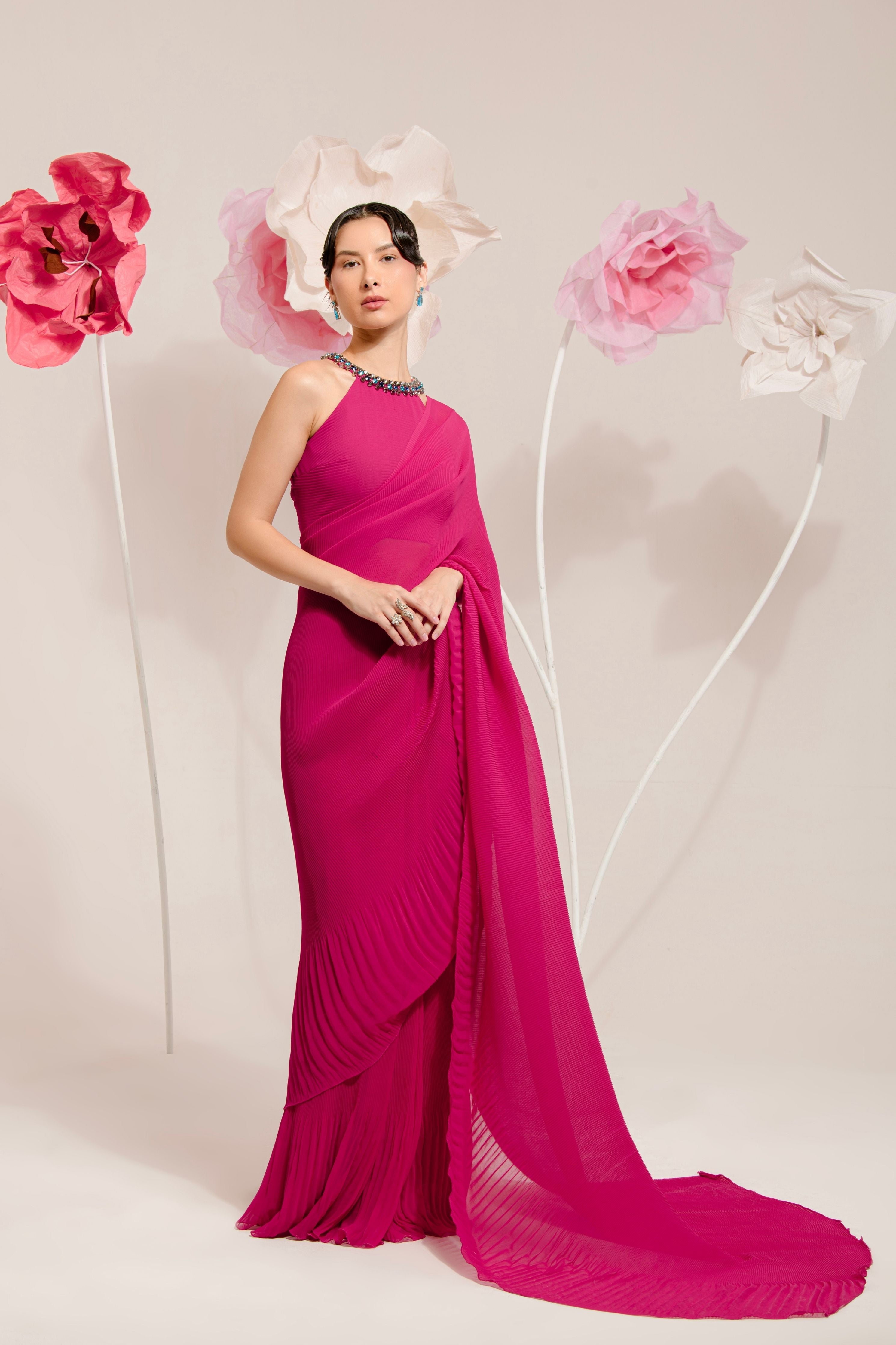 Pre-Draped Raspberry Pink Pleated Saree