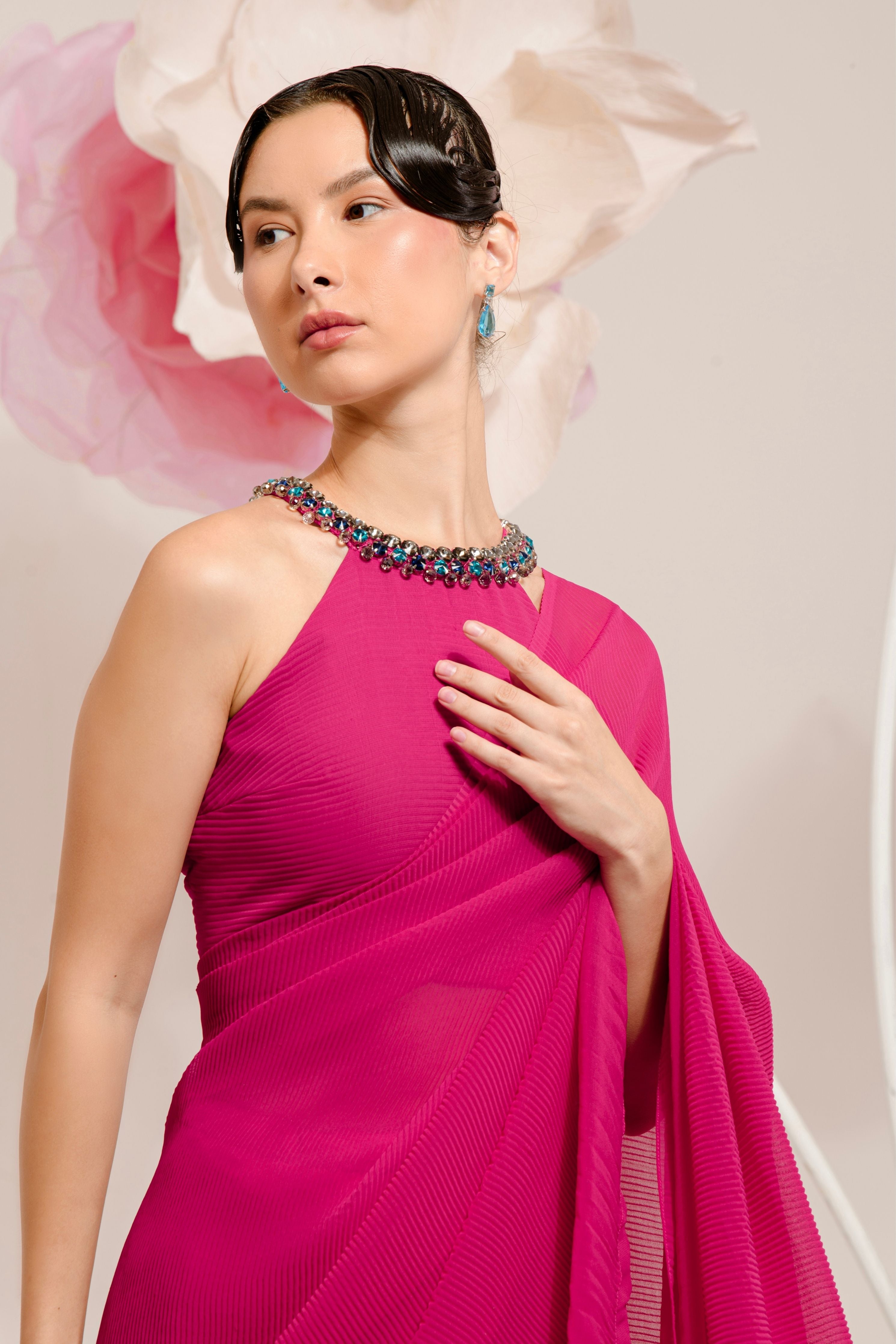 Pre-Draped Raspberry Pink Pleated Saree