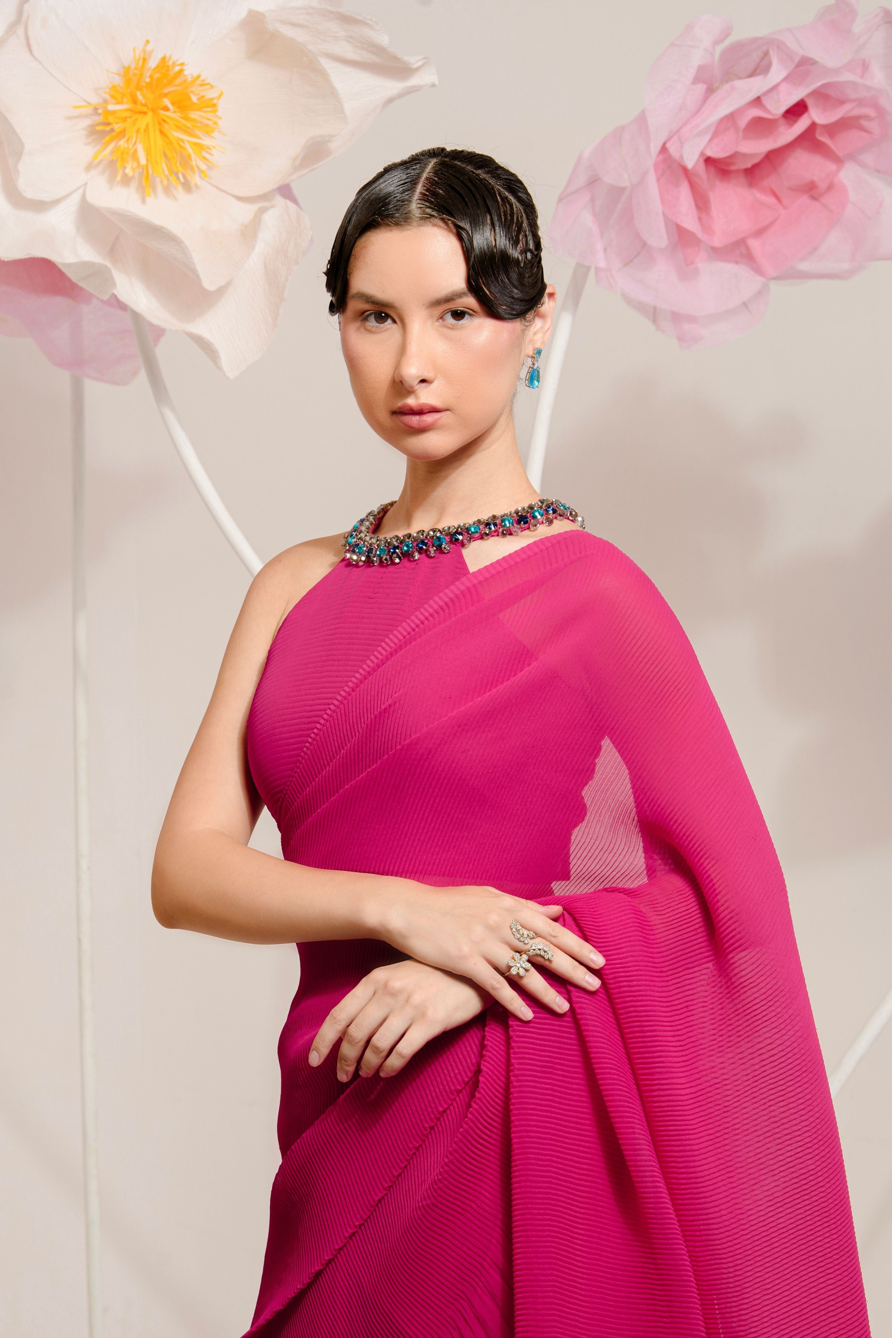 Pre-Draped Raspberry Pink Pleated Saree