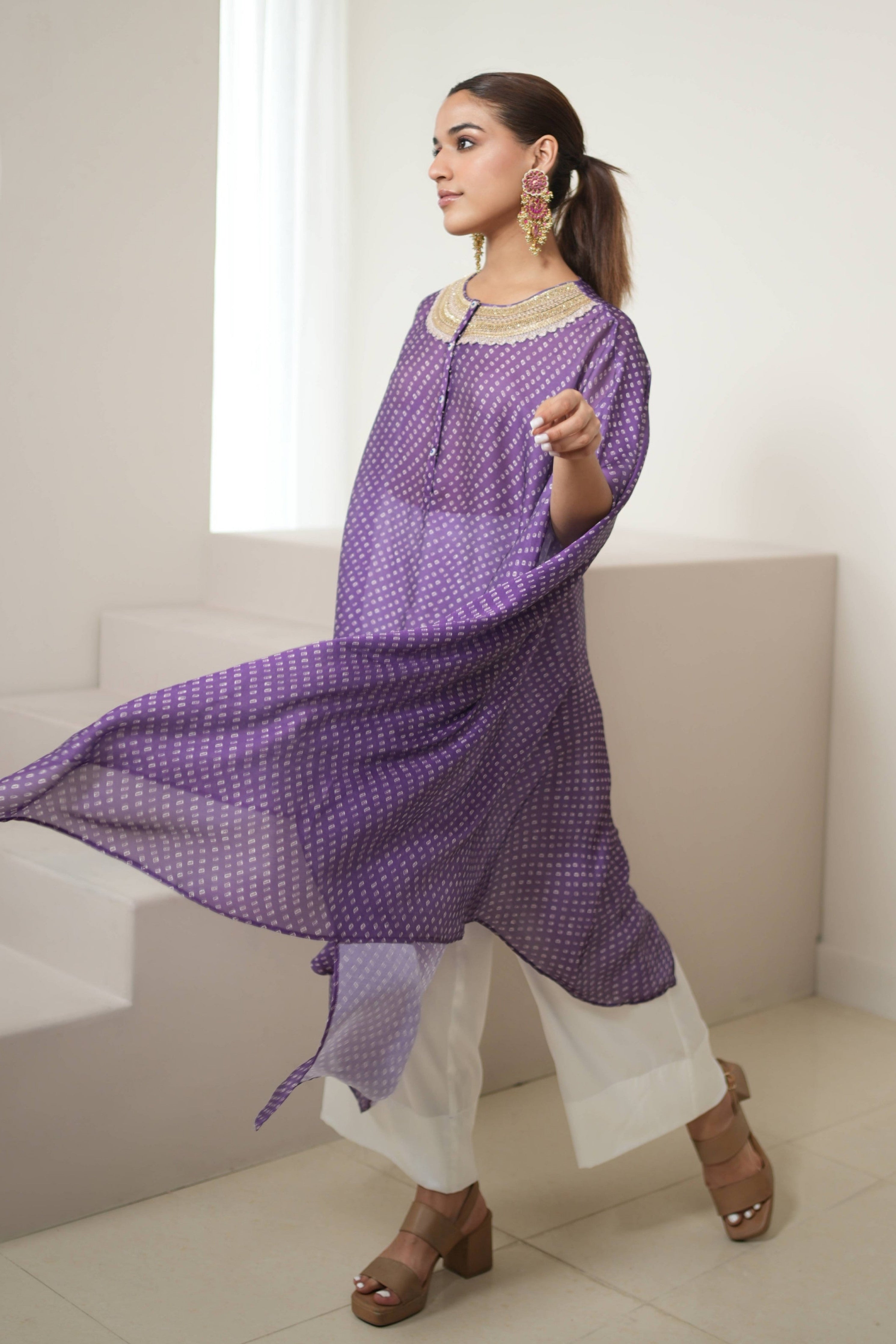 Purple Bandhej Kurta Set