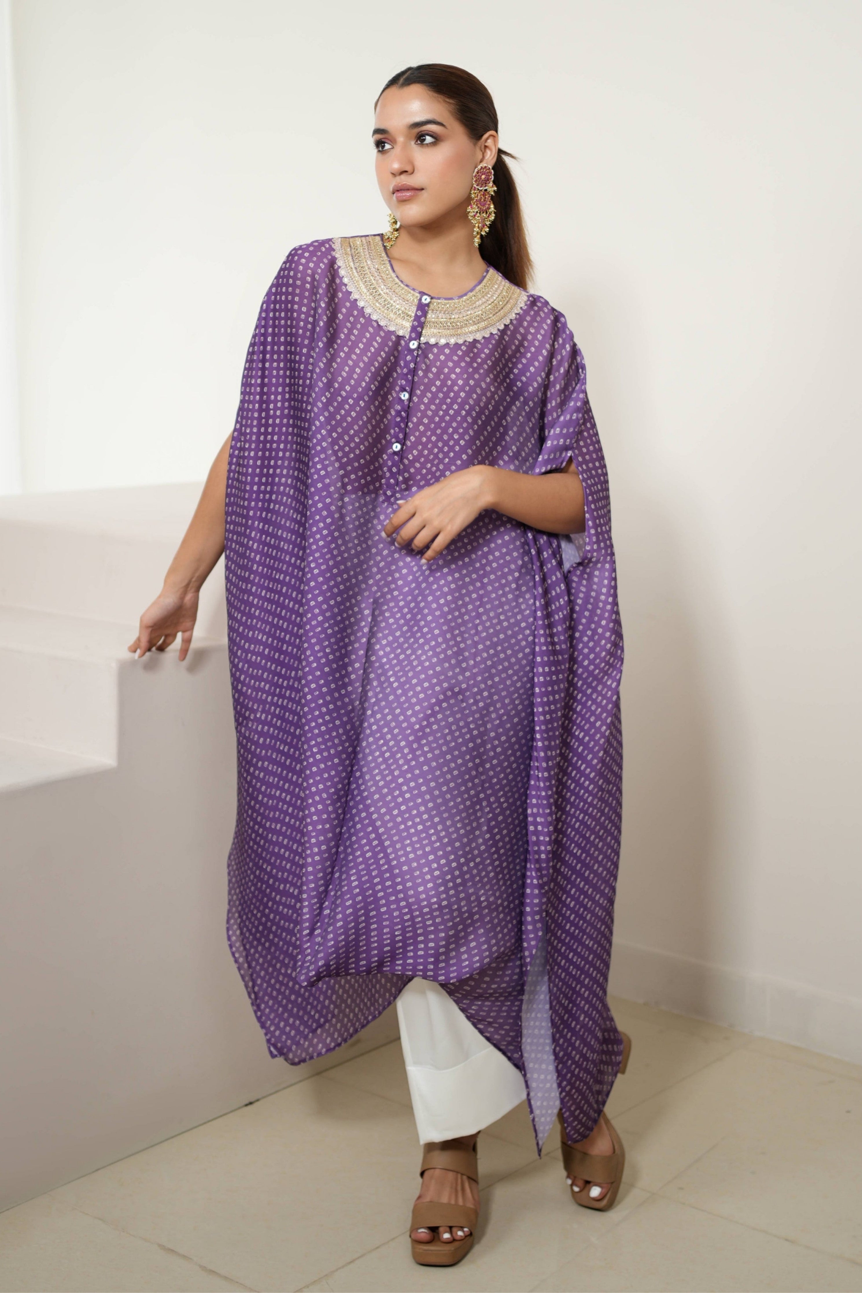 Purple Bandhej Kurta Set