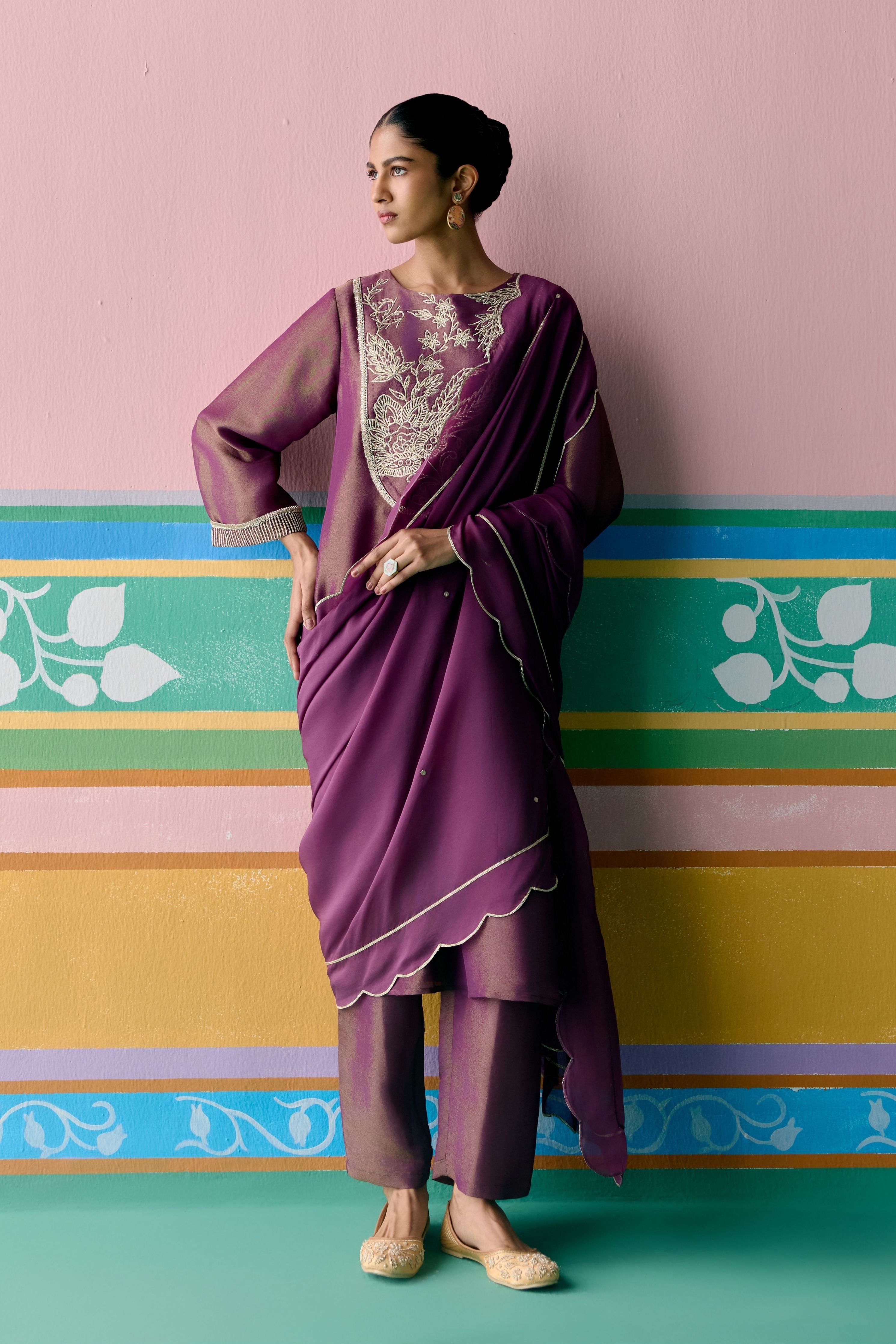 Purple Embroidered Kurta with Dupatta