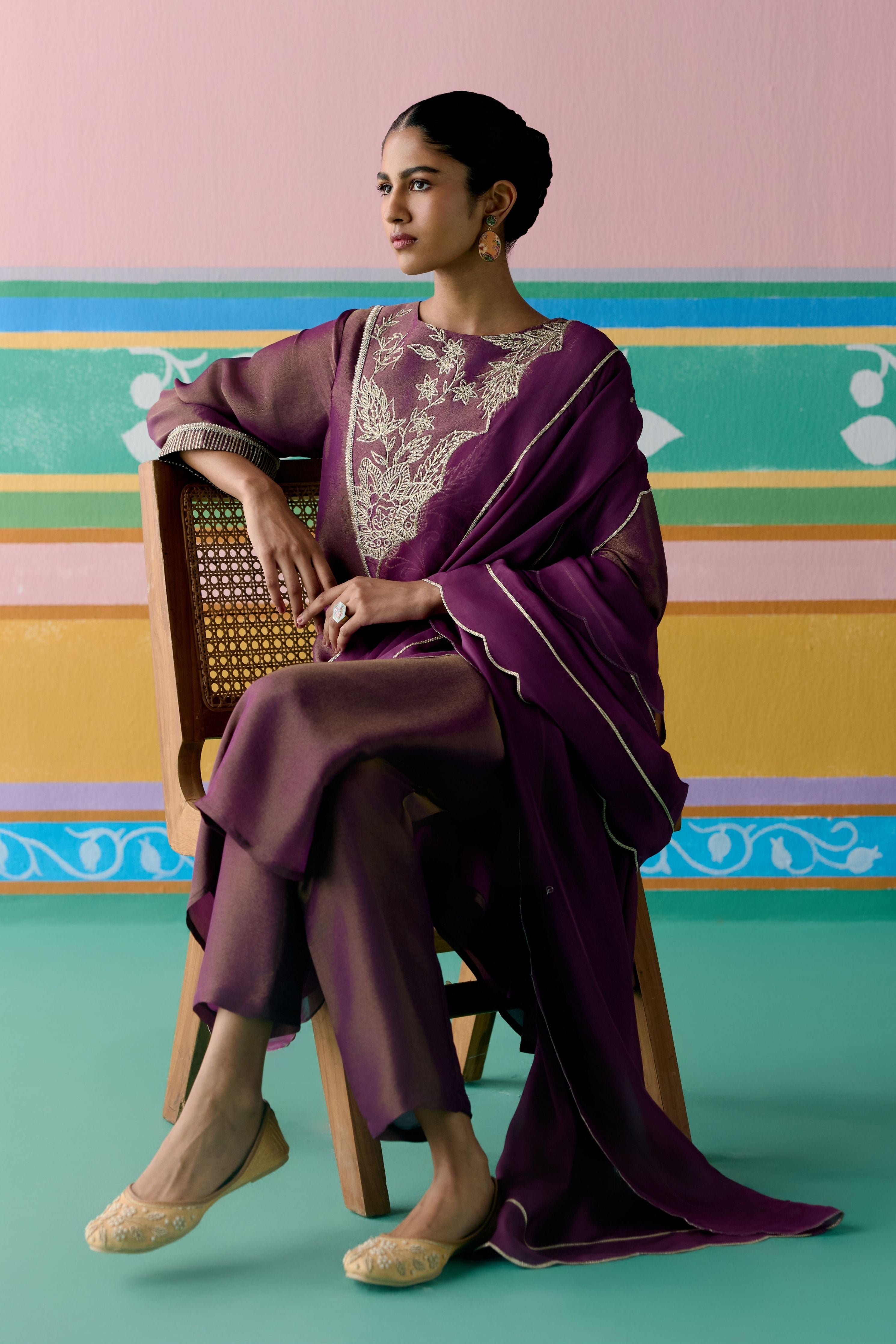 Purple Embroidered Kurta with Dupatta