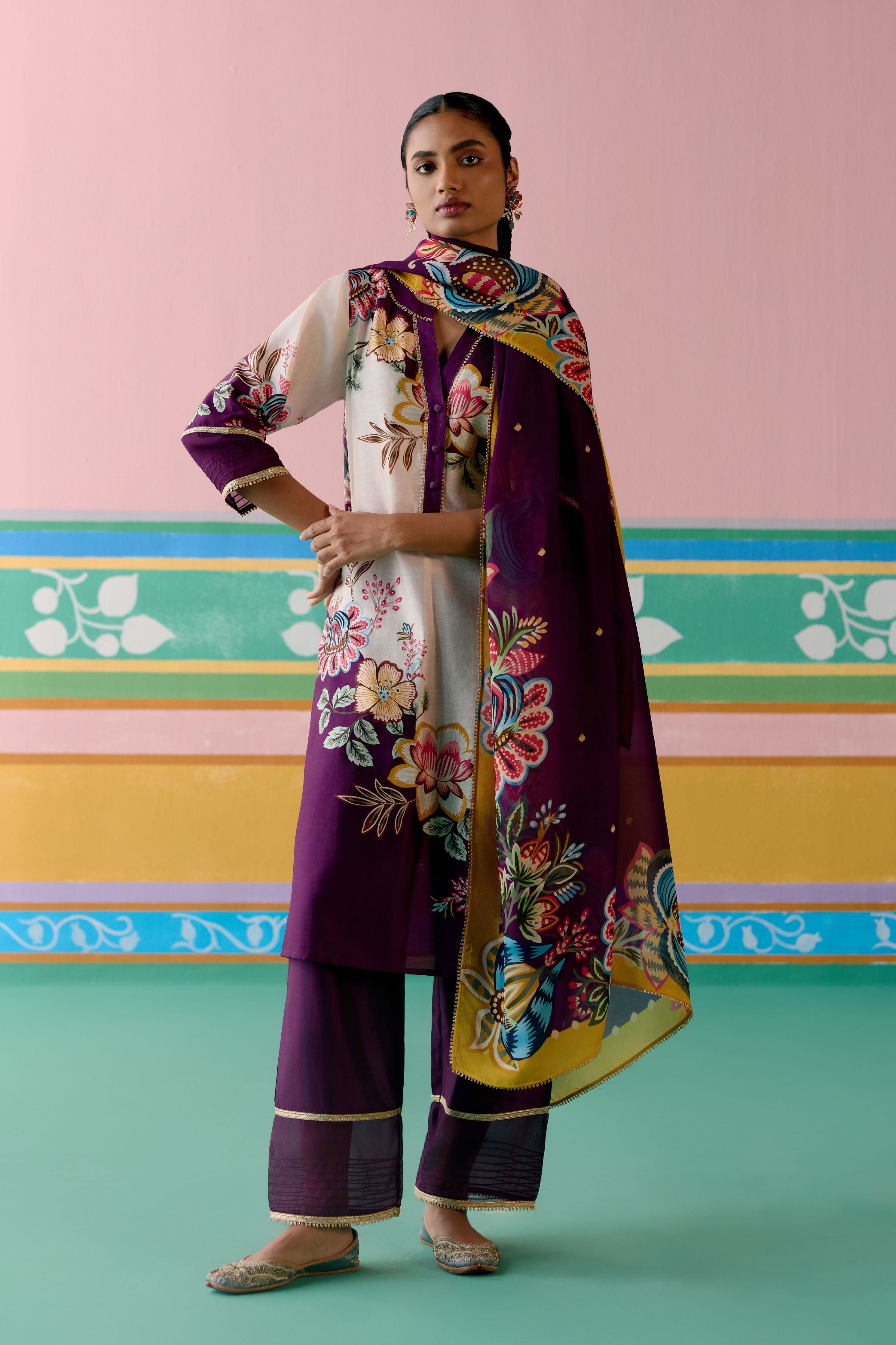 Purple Floral V-neck Kurta with Dupatta