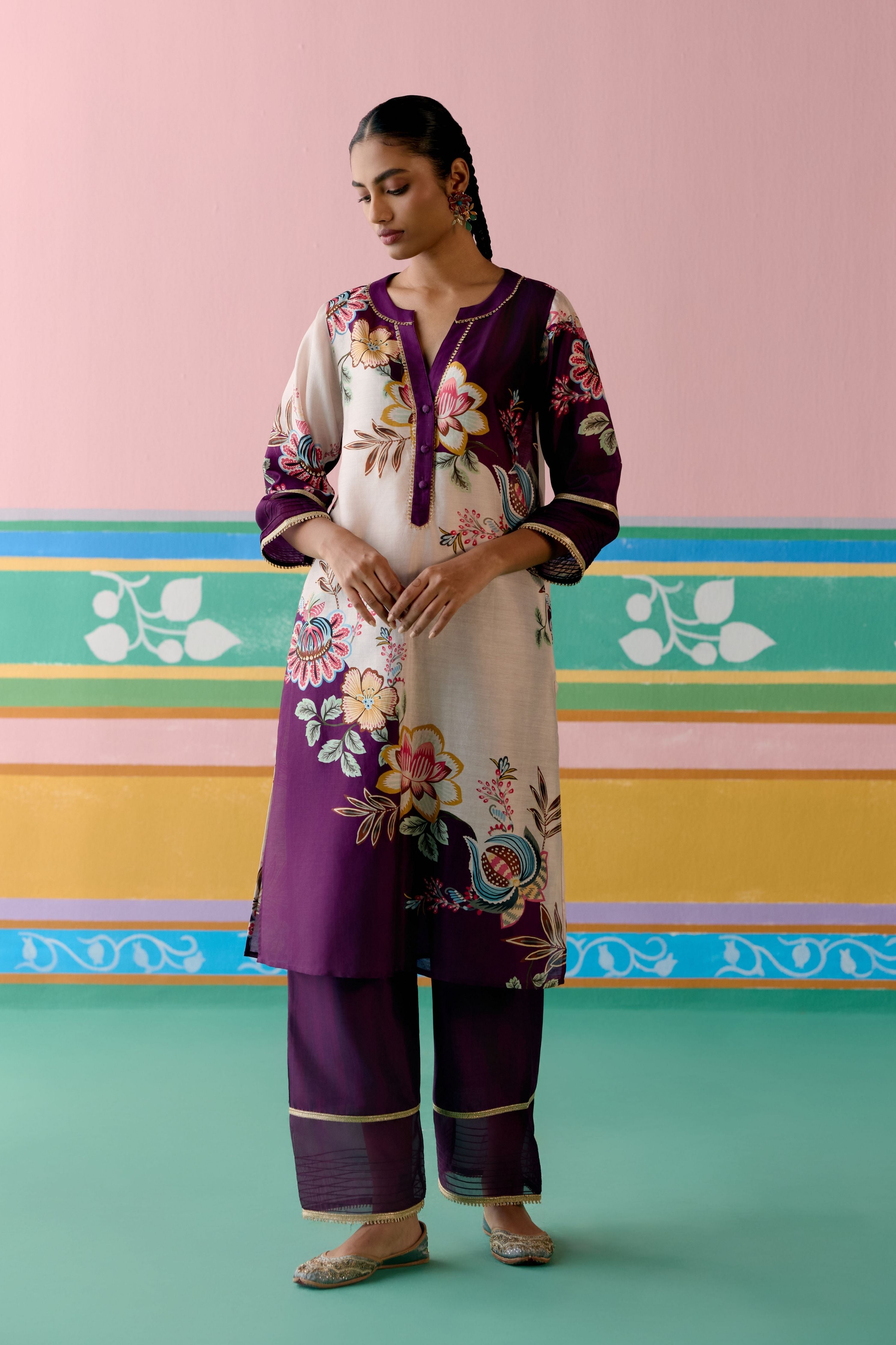 Purple Floral V-neck Kurta with Dupatta