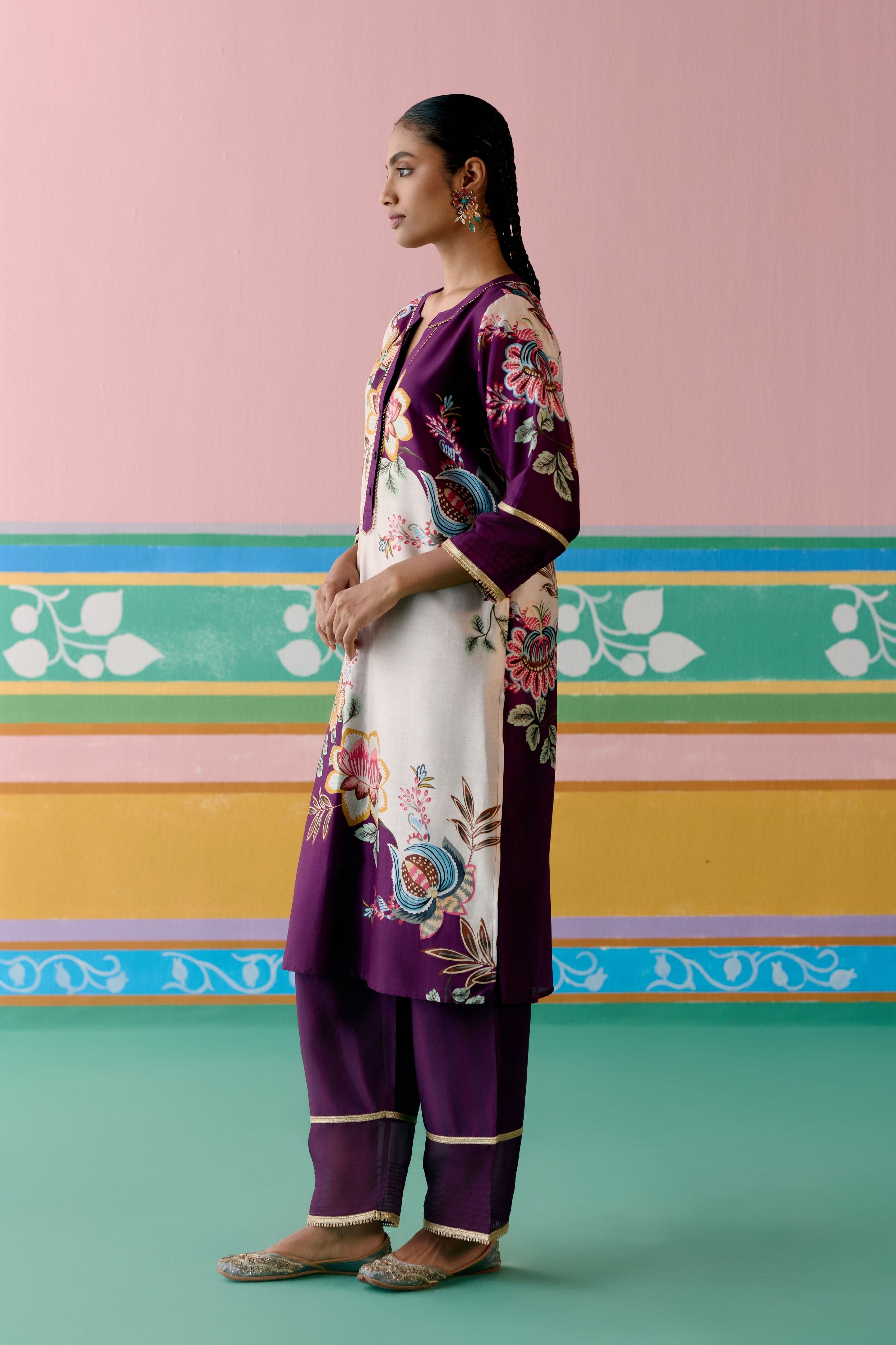 Purple Floral V-neck Kurta with Dupatta