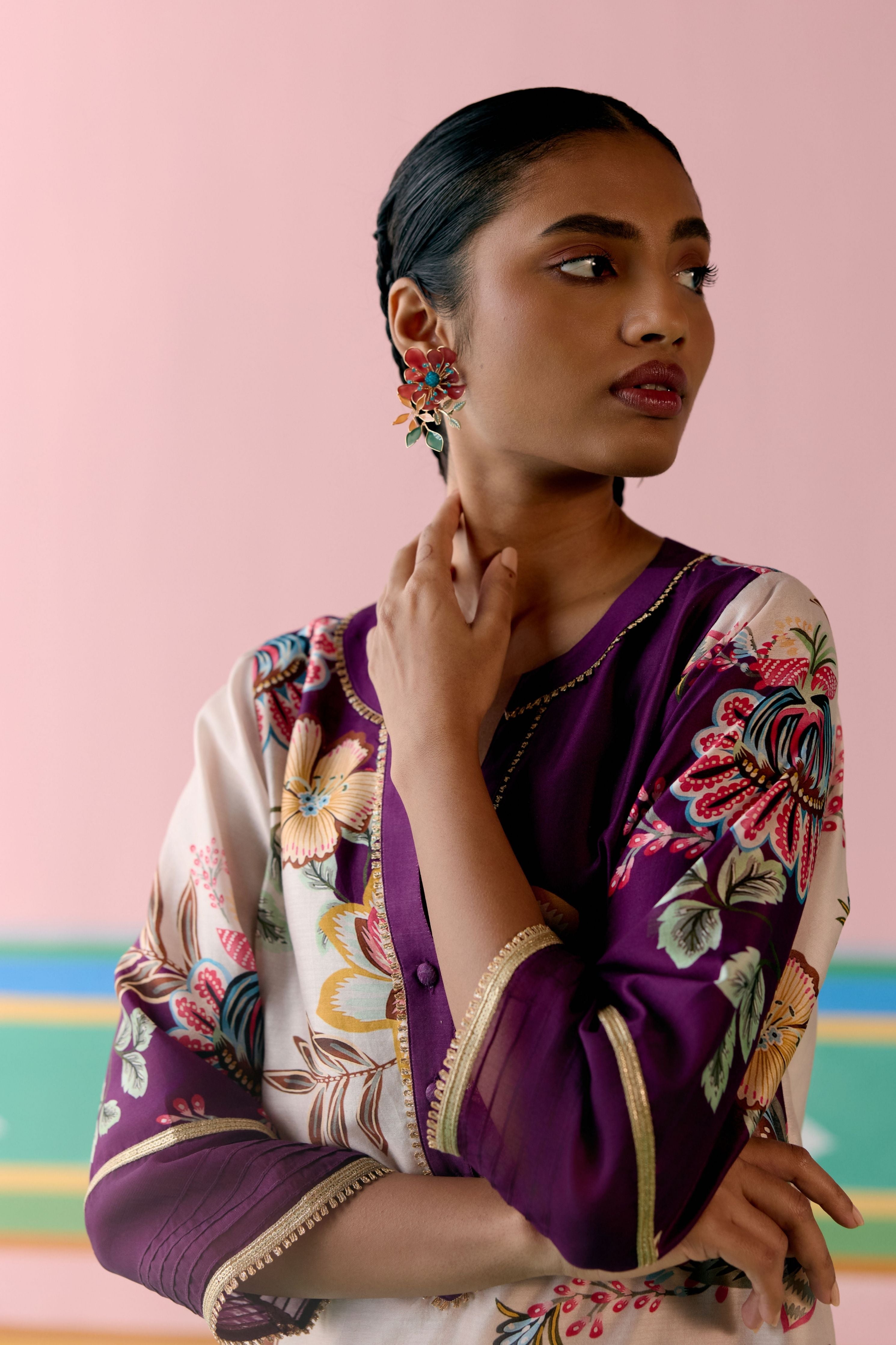 Purple Floral V-neck Kurta with Dupatta