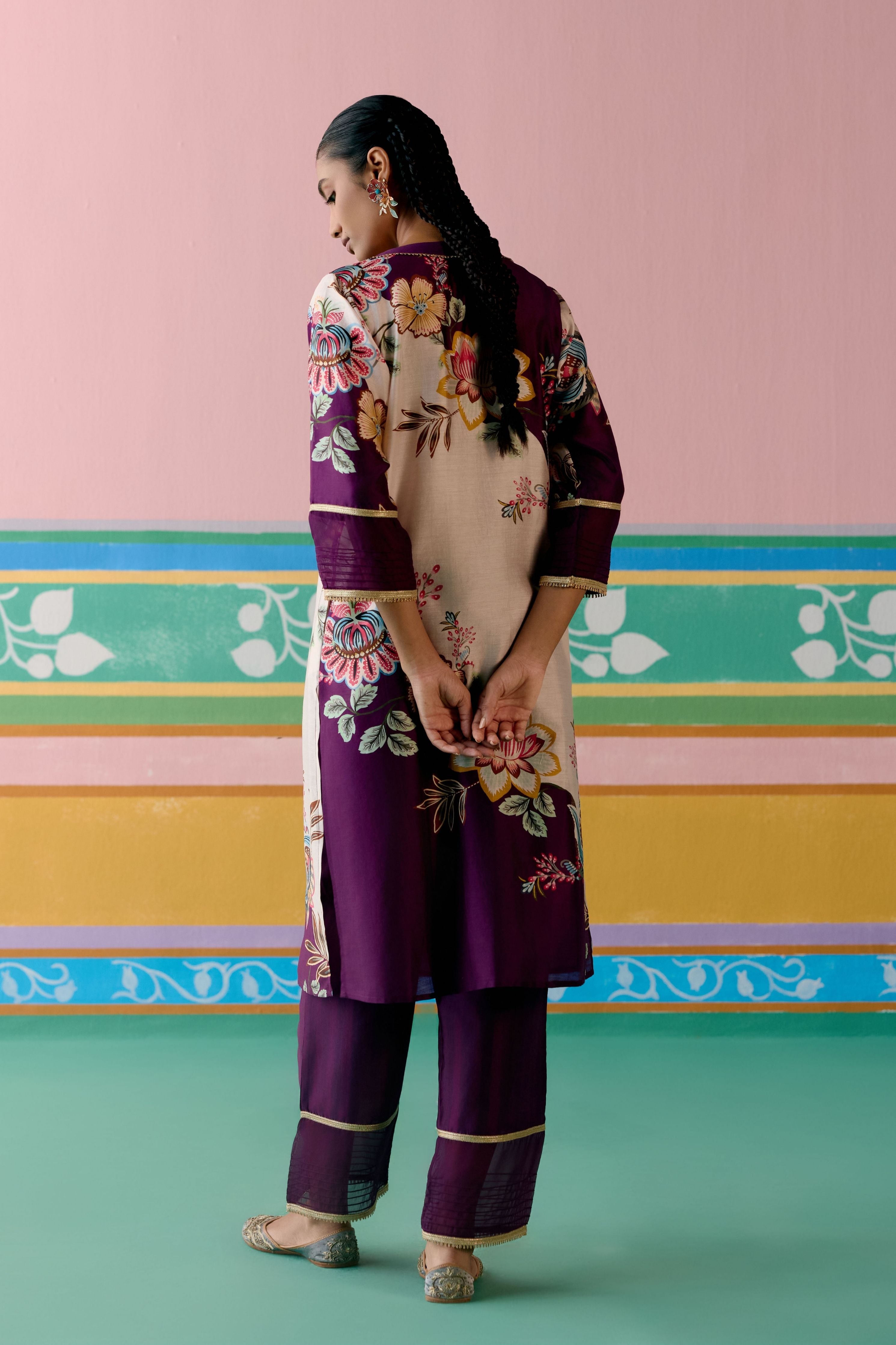 Purple Floral V-neck Kurta with Dupatta