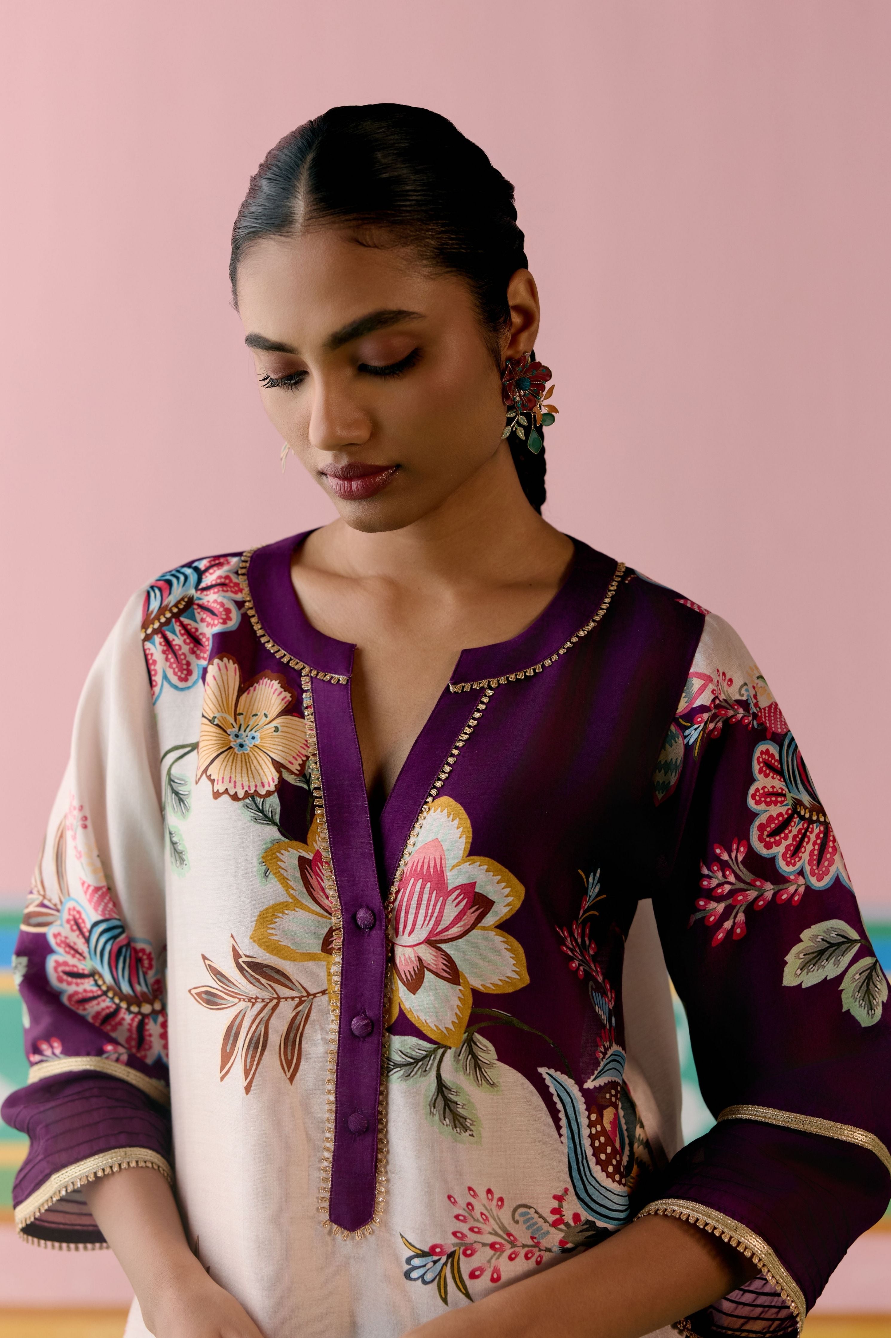 Purple Floral V-neck Kurta with Dupatta
