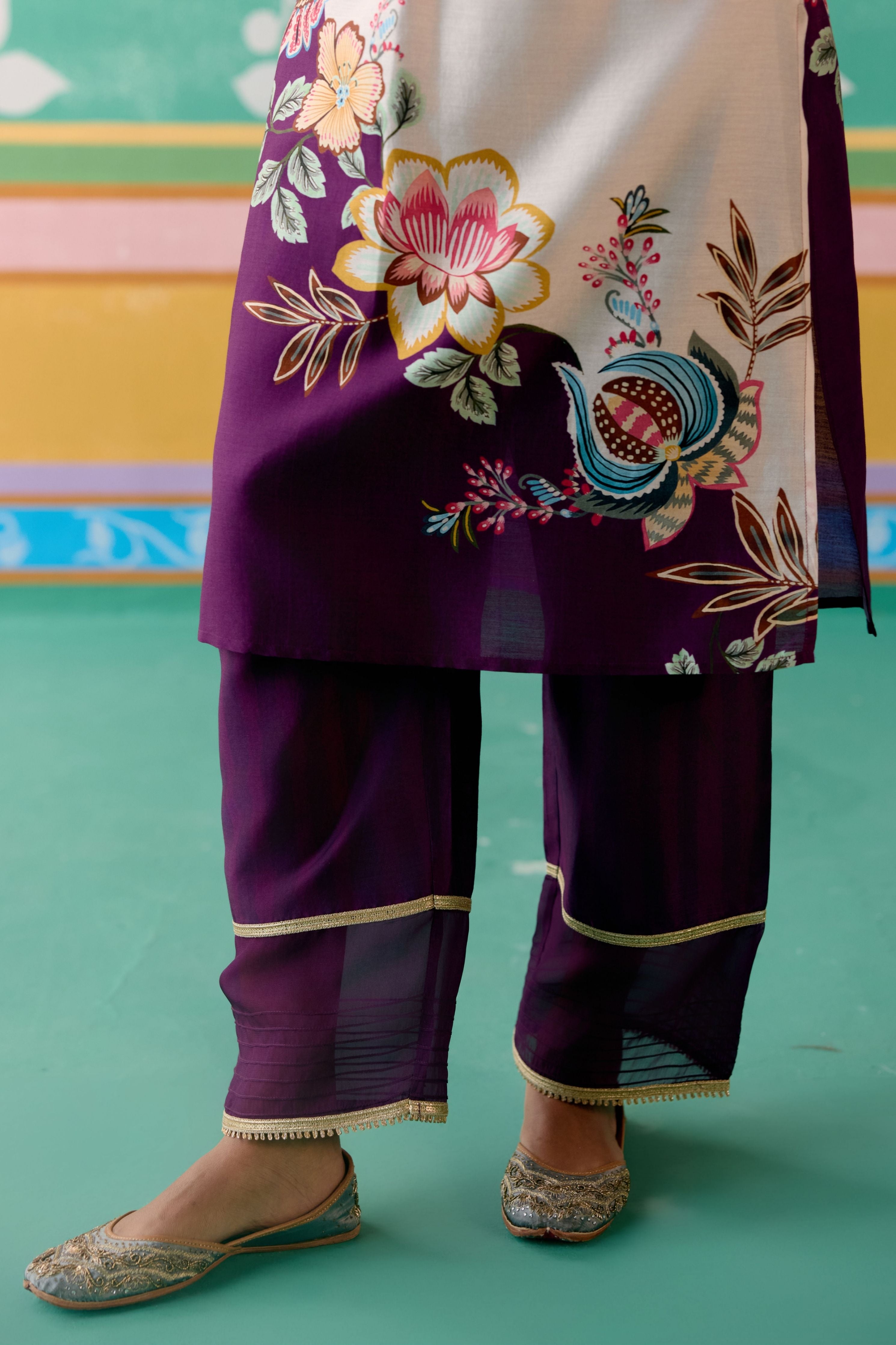 Purple Floral V-neck Kurta with Dupatta