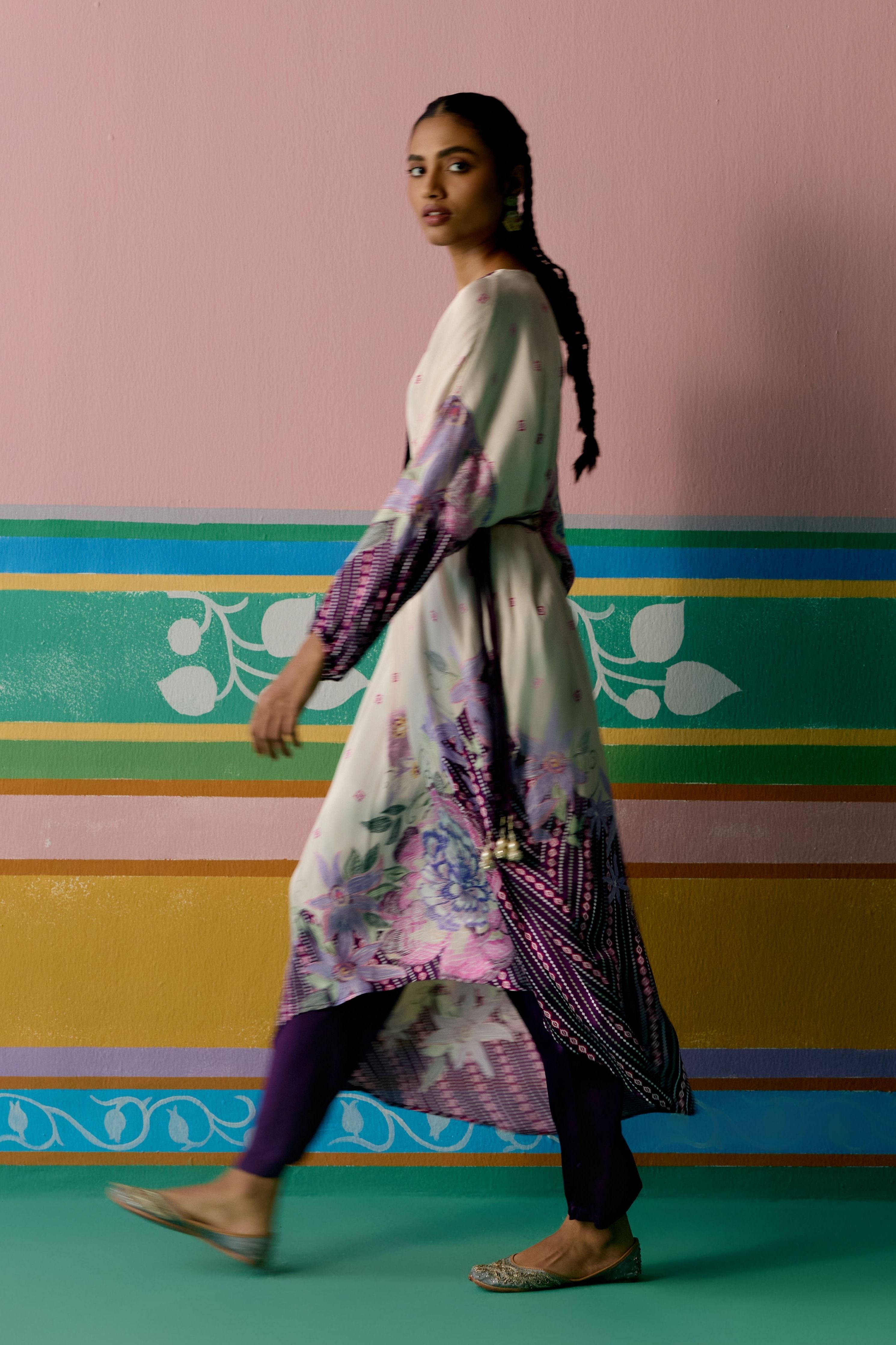 Purple Ikat Long Kaftan Set