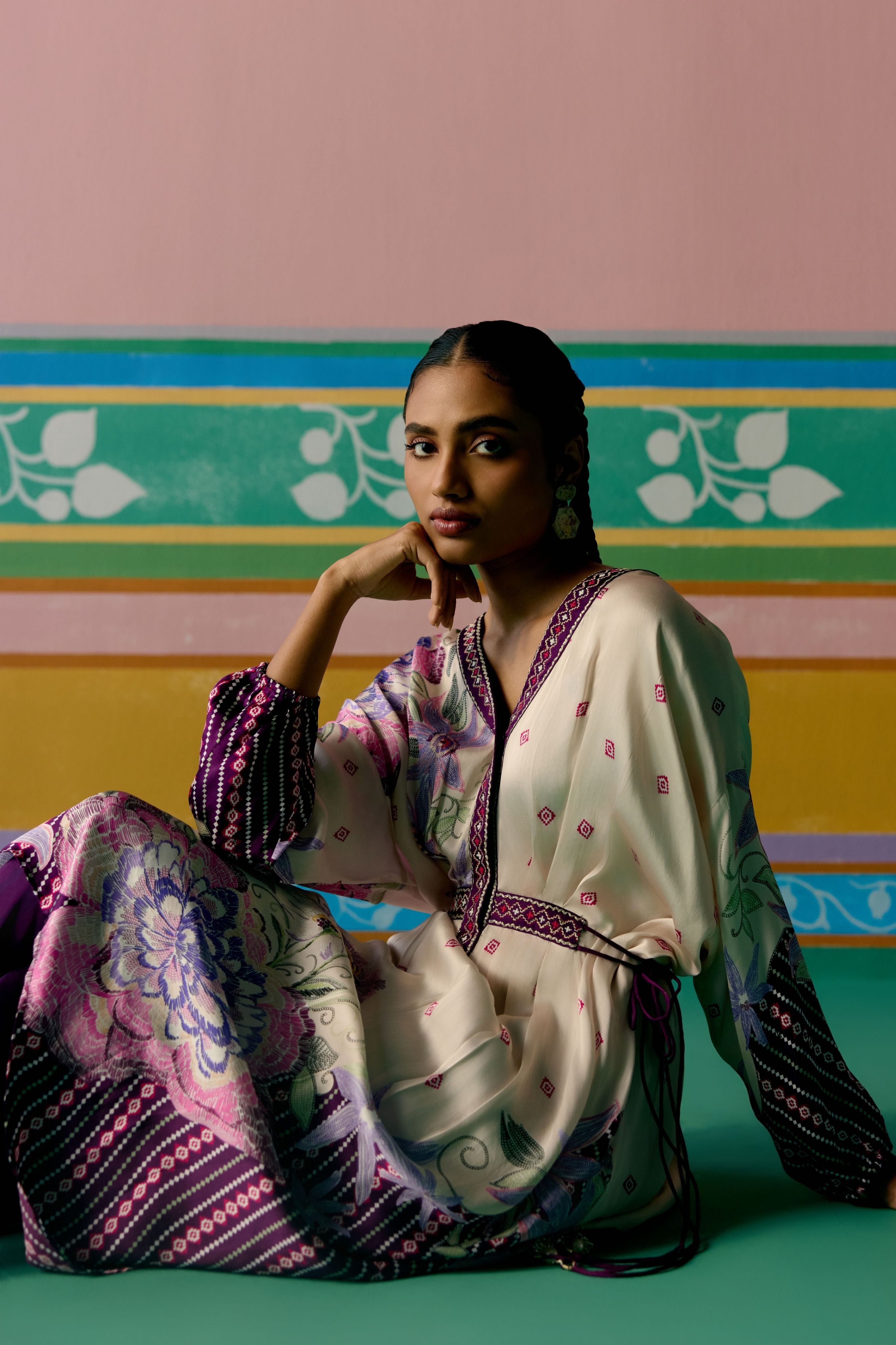 Purple Ikat Long Kaftan Set