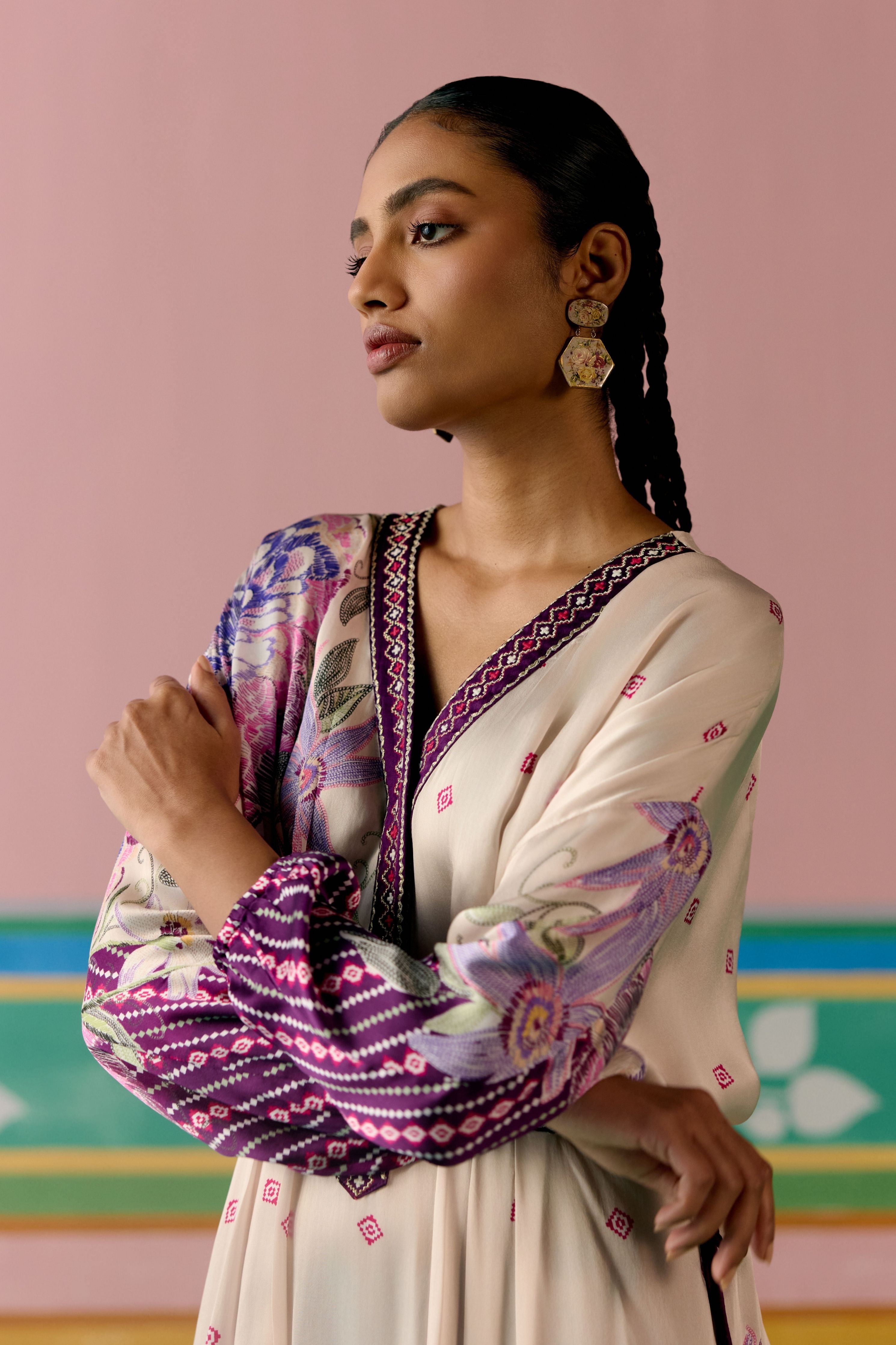 Purple Ikat Long Kaftan Set