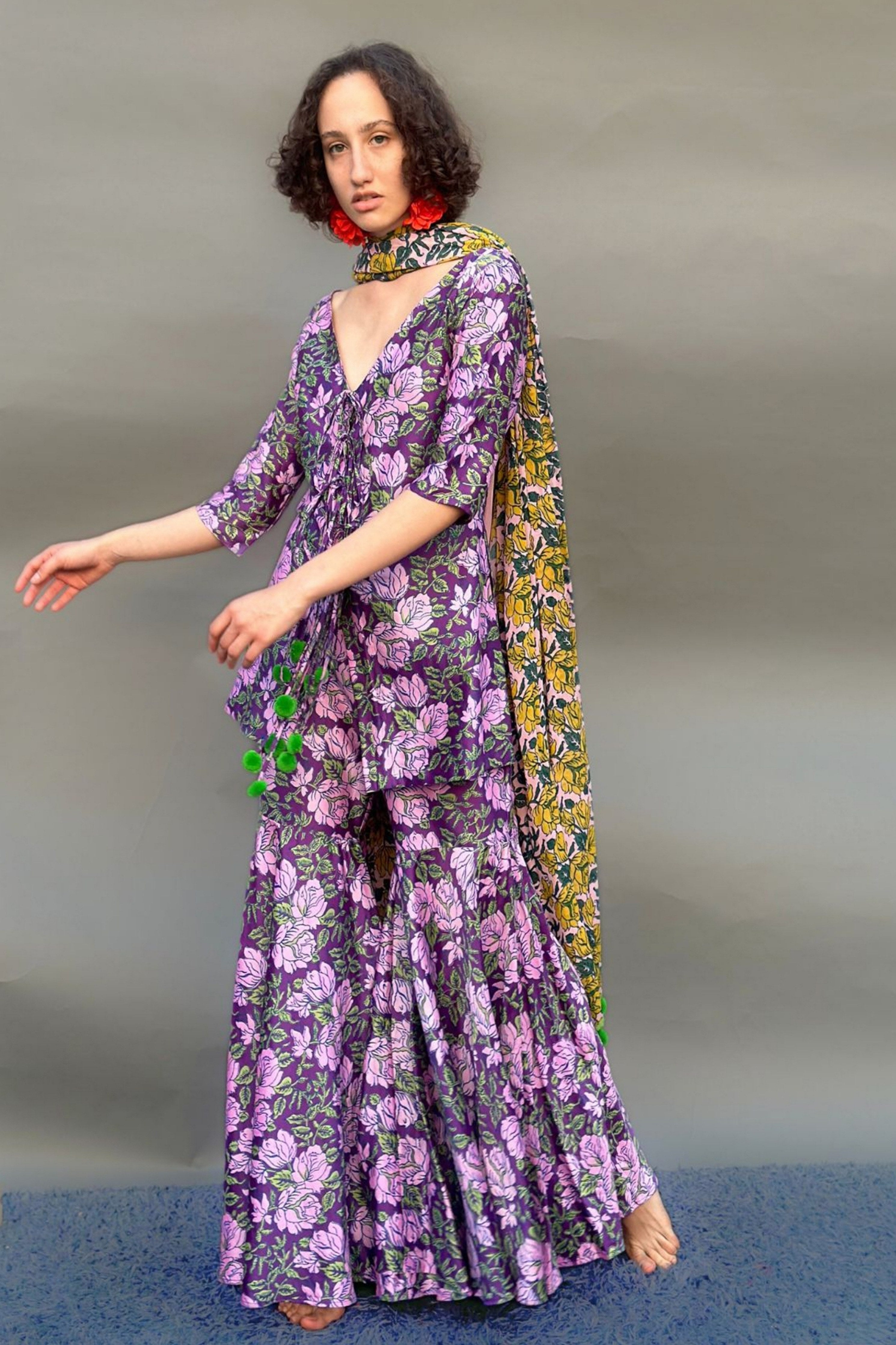 Purple & Mustard Sharara Set