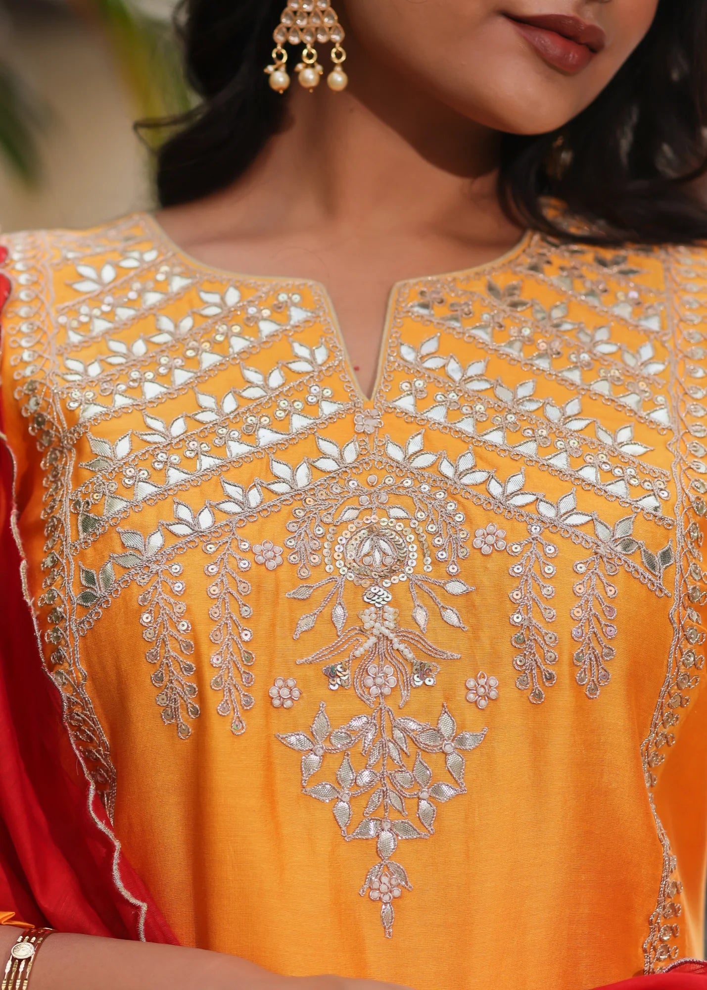 Kesar Kurta Set With Red Dupatta