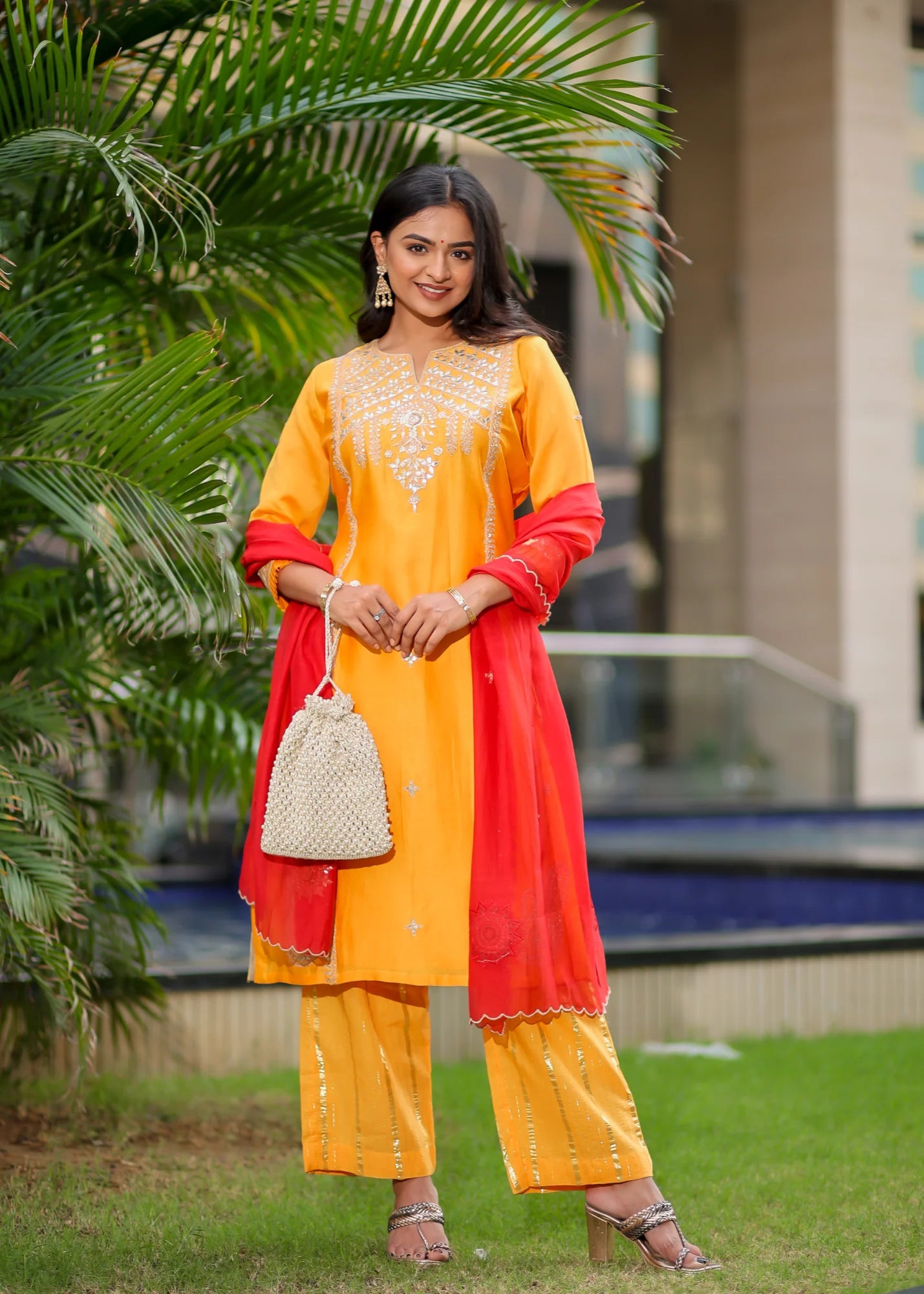 Kesar Kurta Set With Red Dupatta