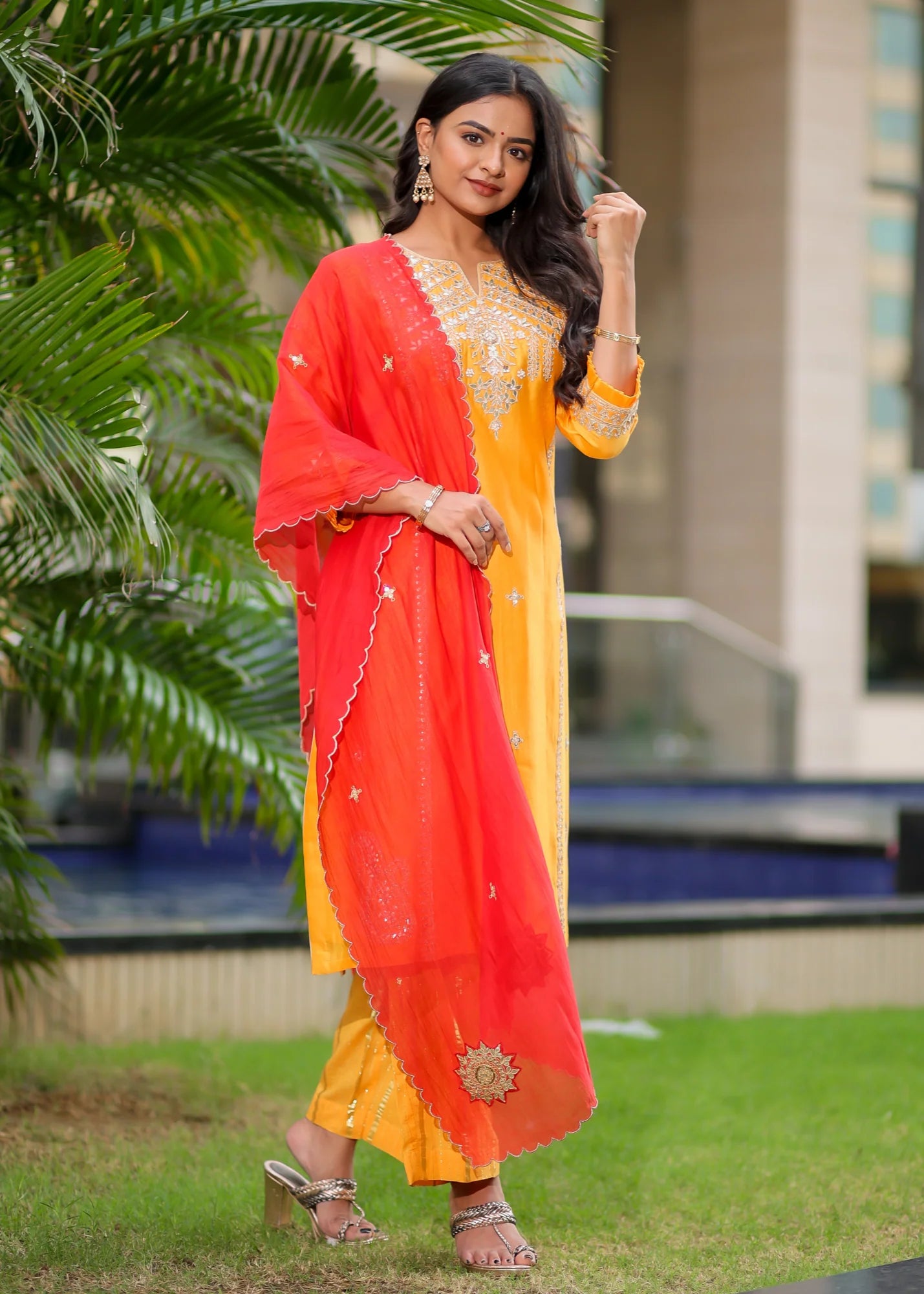 Kesar Kurta Set With Red Dupatta