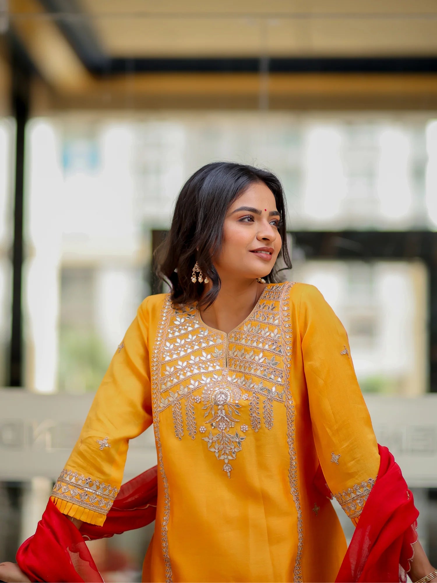 Kesar Kurta Set With Red Dupatta