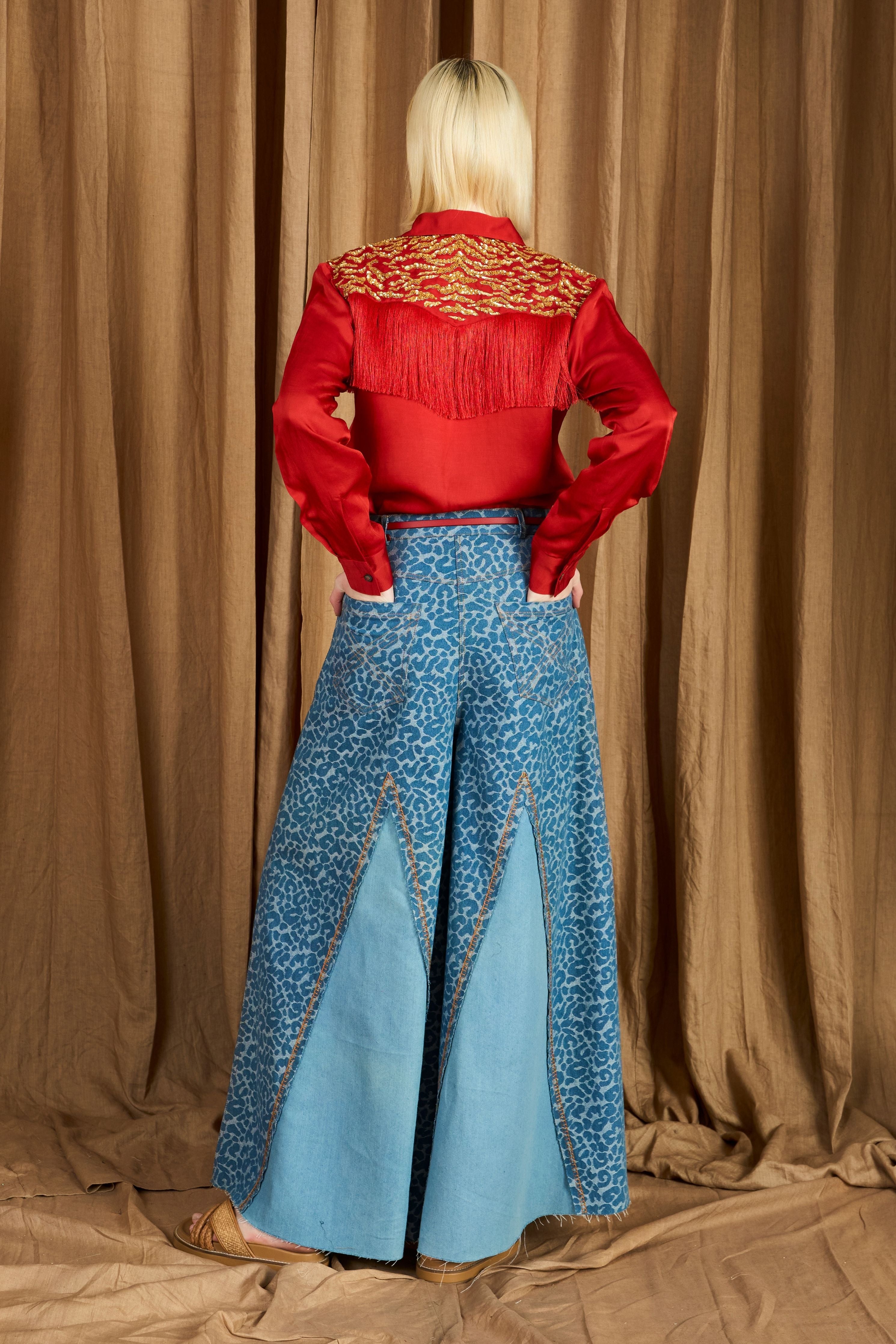 The Flared Leopard Pattern Block Denims