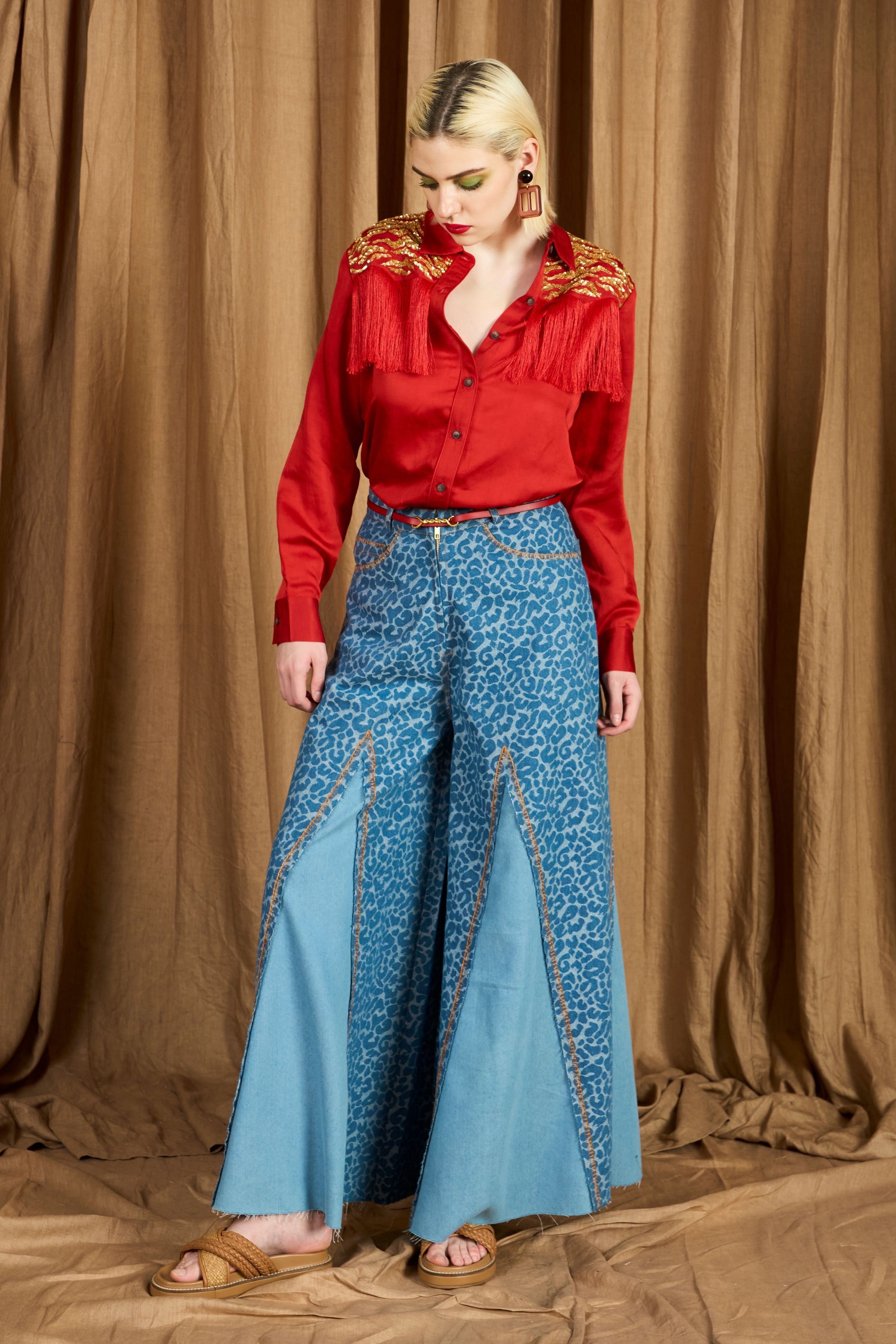 The Flared Leopard Pattern Block Denims