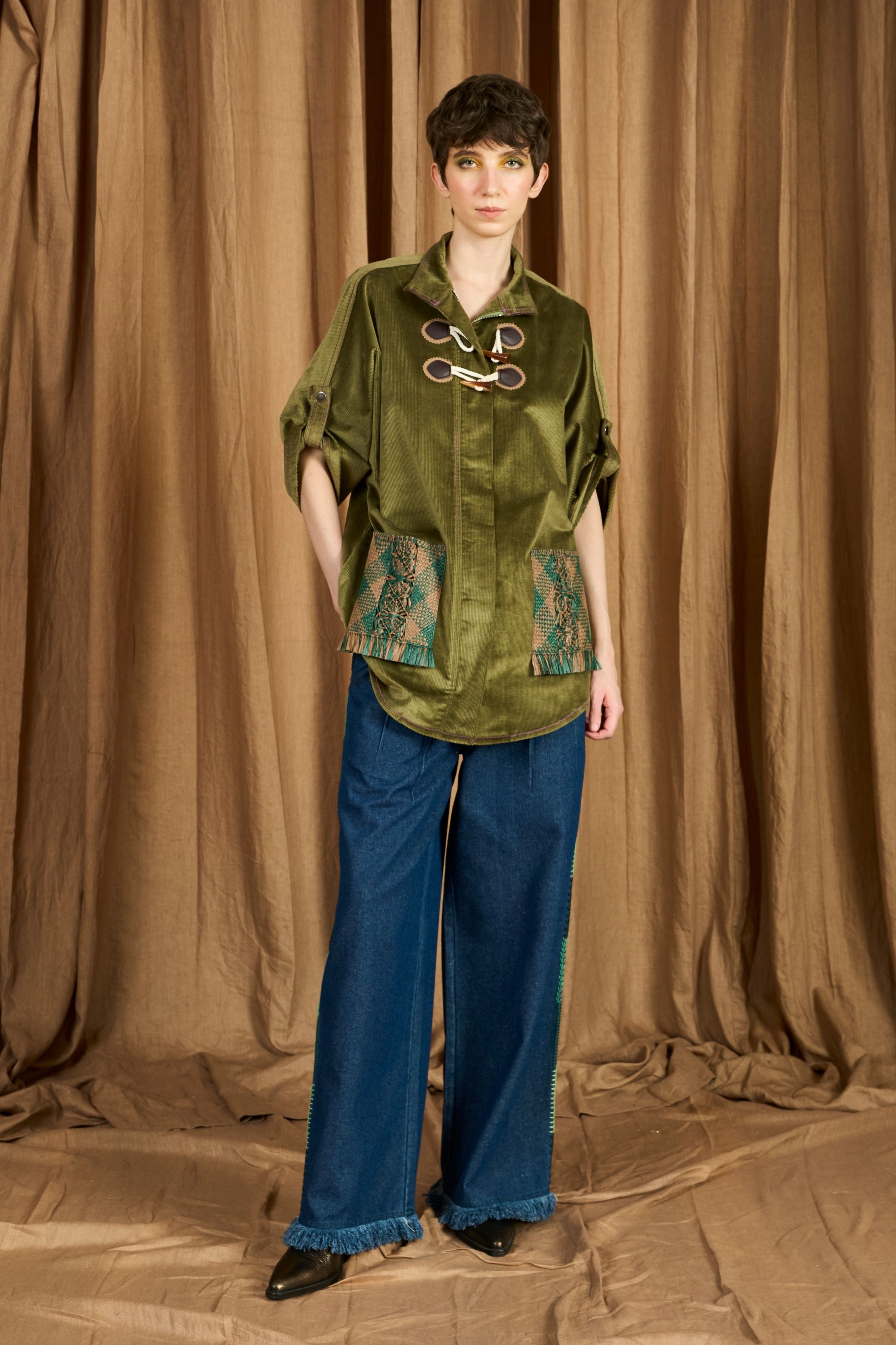 The Drawstring Parka With Hand Woven Raffia Pocket & Leather Details