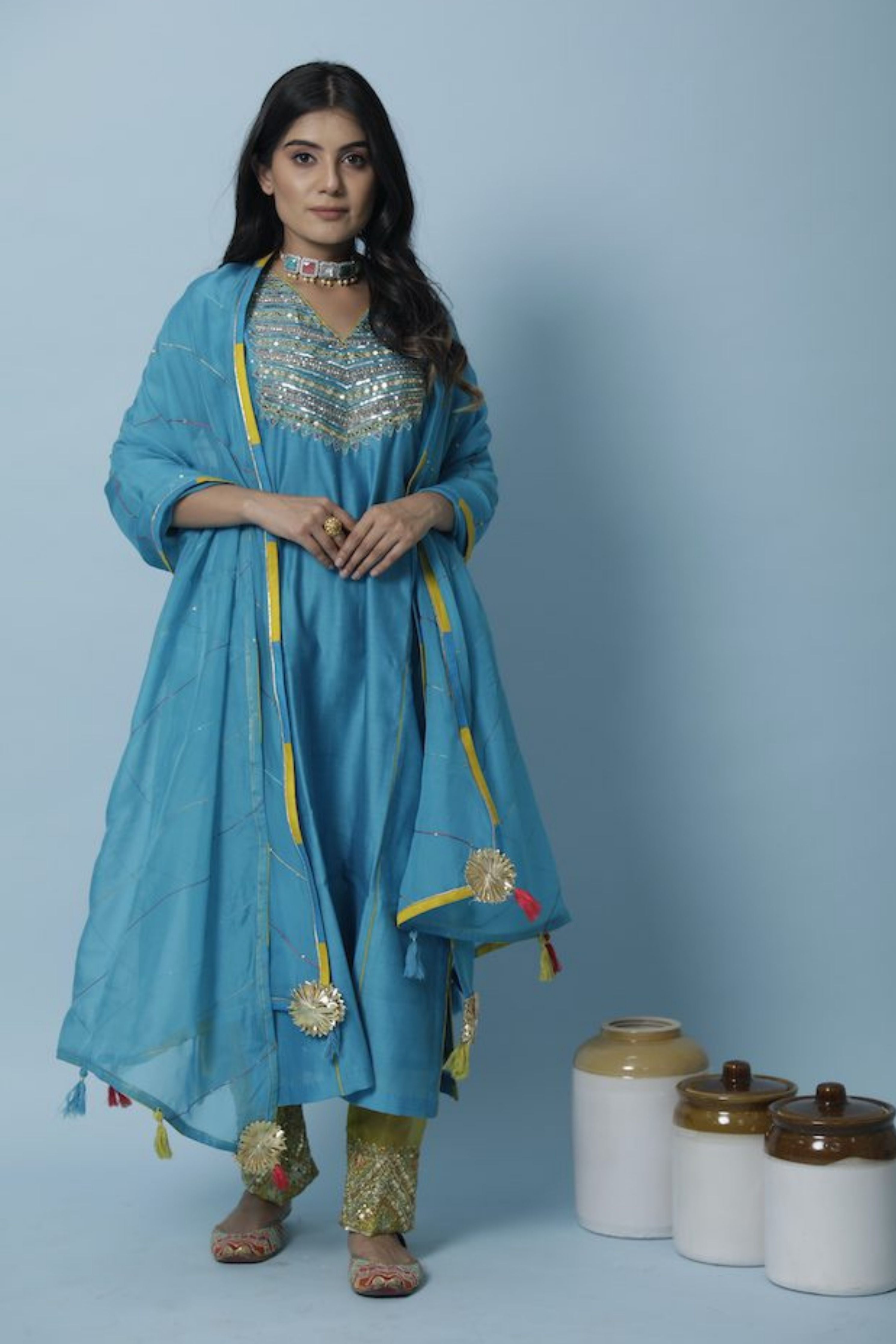 Turquoise Blue Chanderi Silk Kurta Set