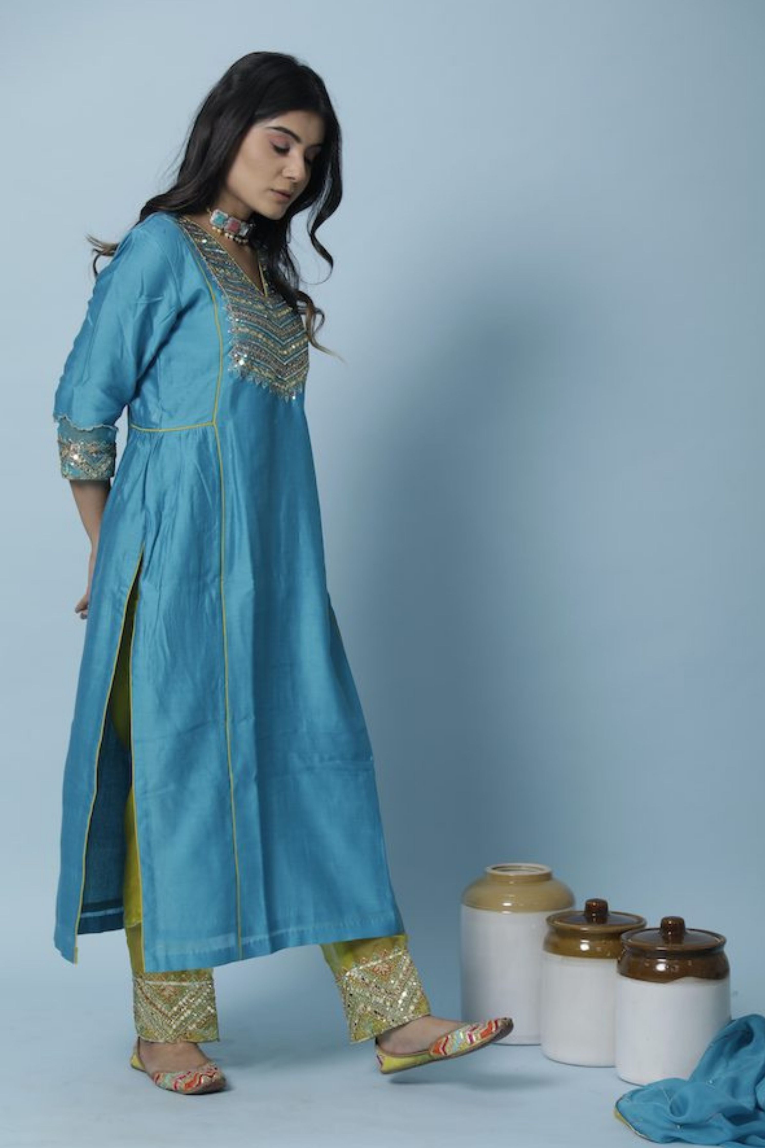 Turquoise Blue Chanderi Silk Kurta Set