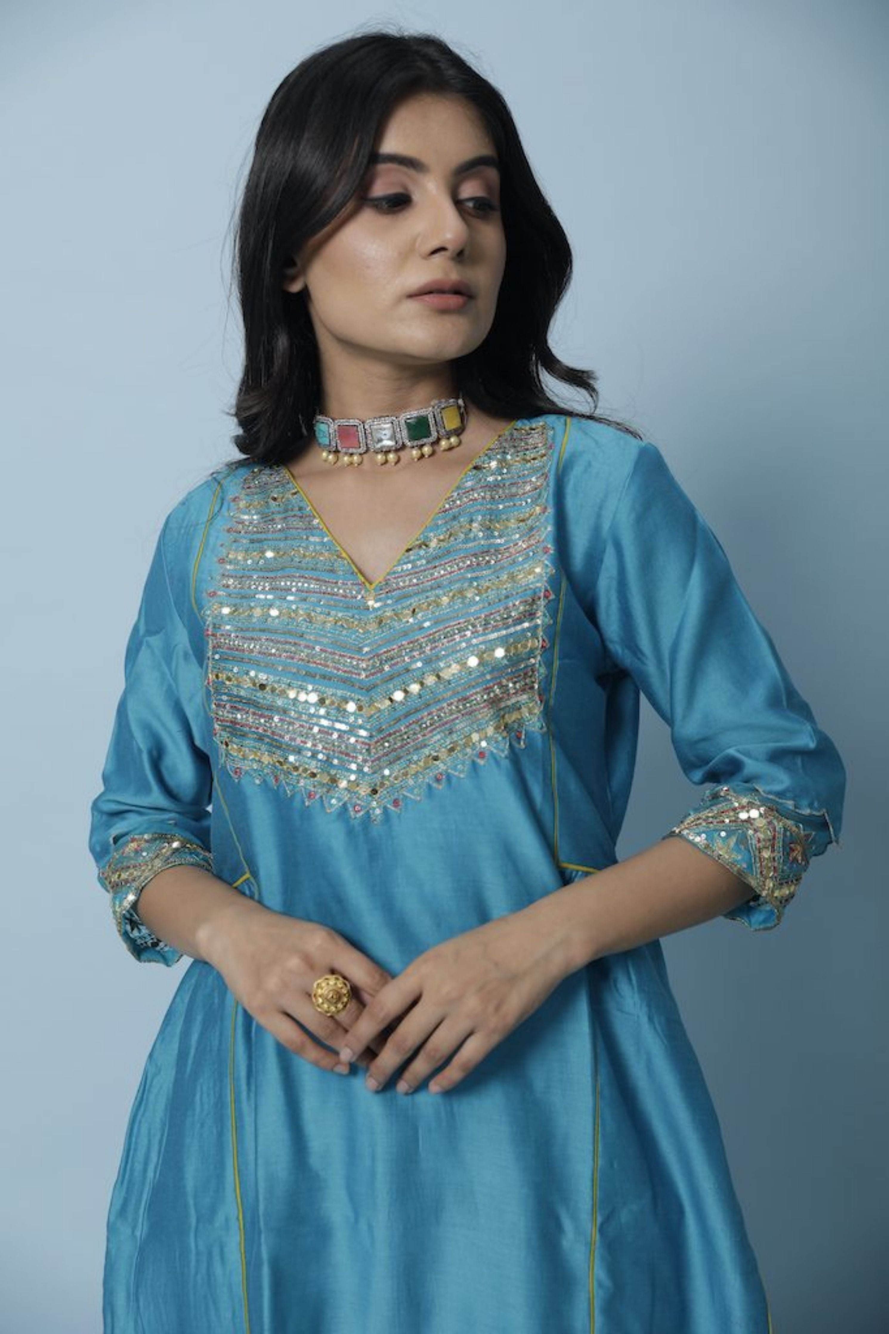 Turquoise Blue Chanderi Silk Kurta Set