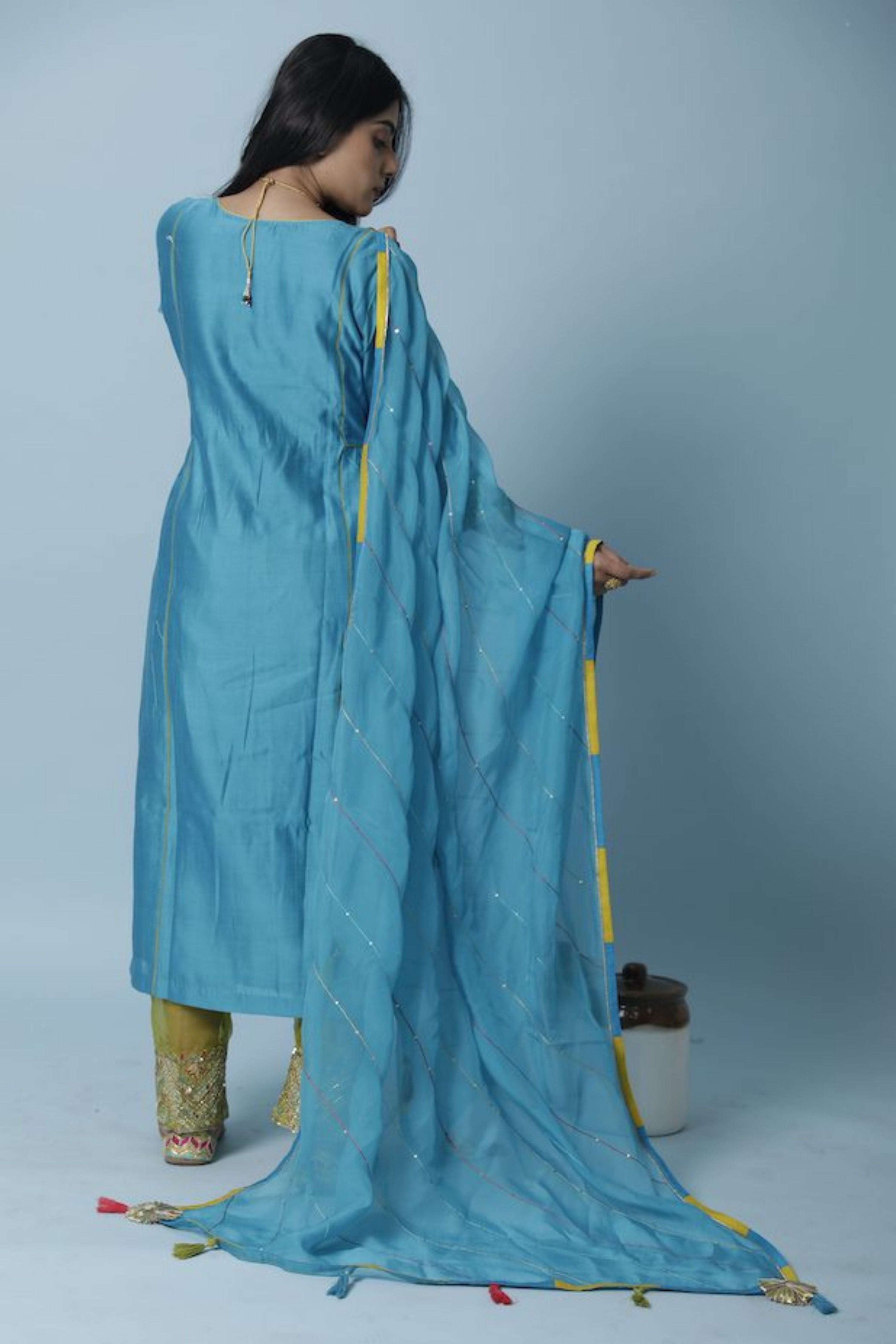 Turquoise Blue Chanderi Silk Kurta Set