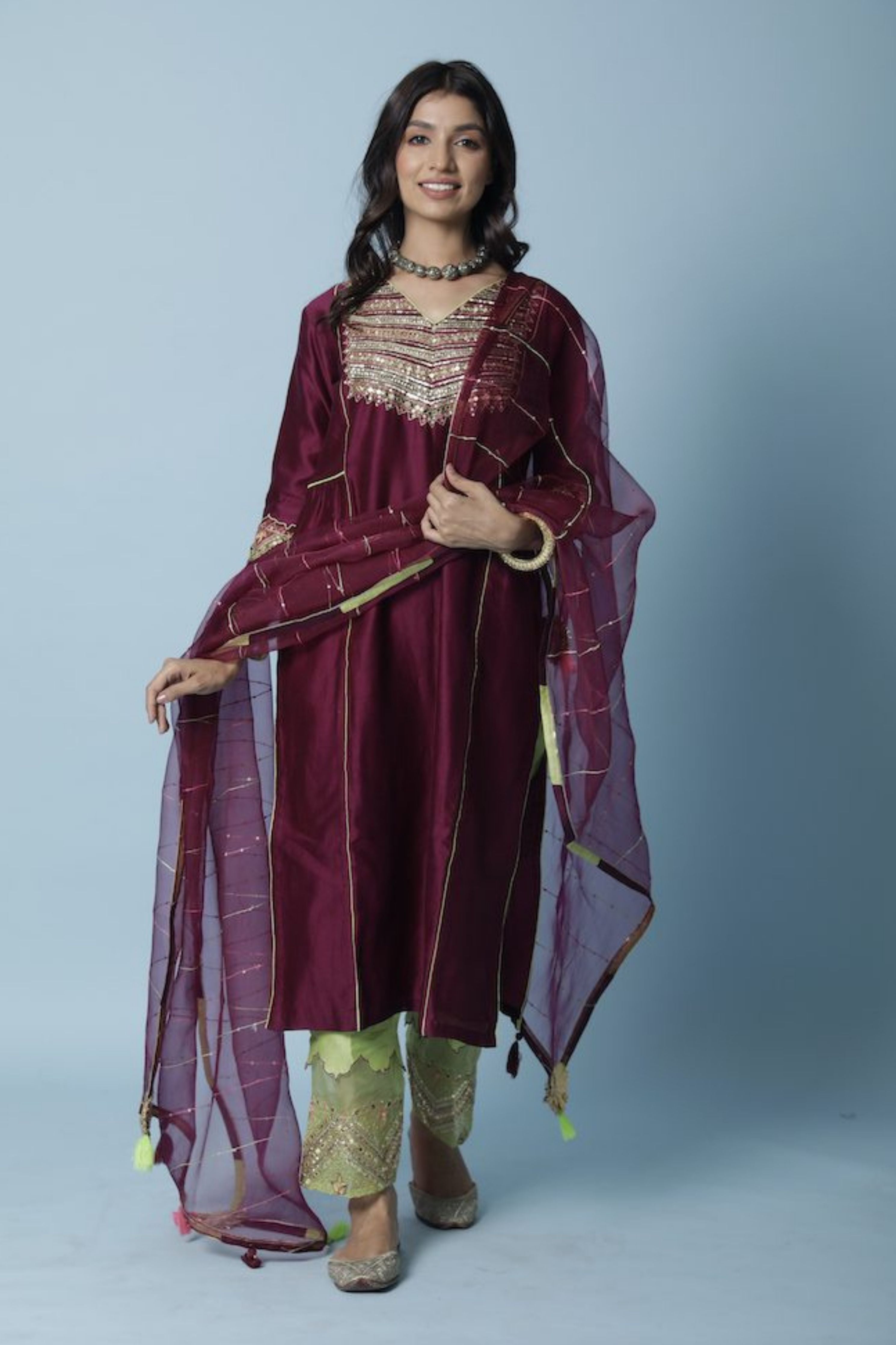Wine Shade Chanderi Silk Kurta Set