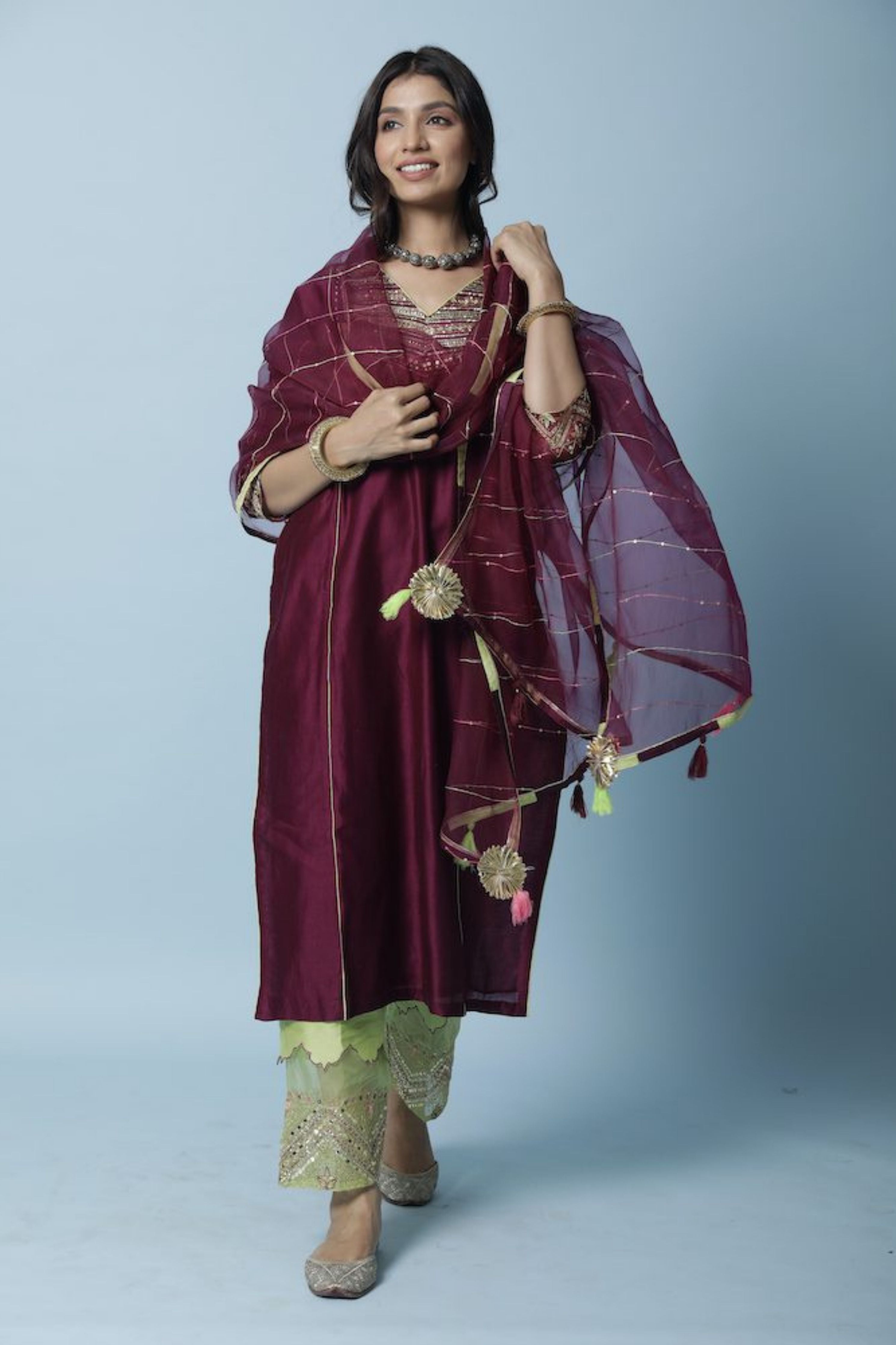 Wine Shade Chanderi Silk Kurta Set