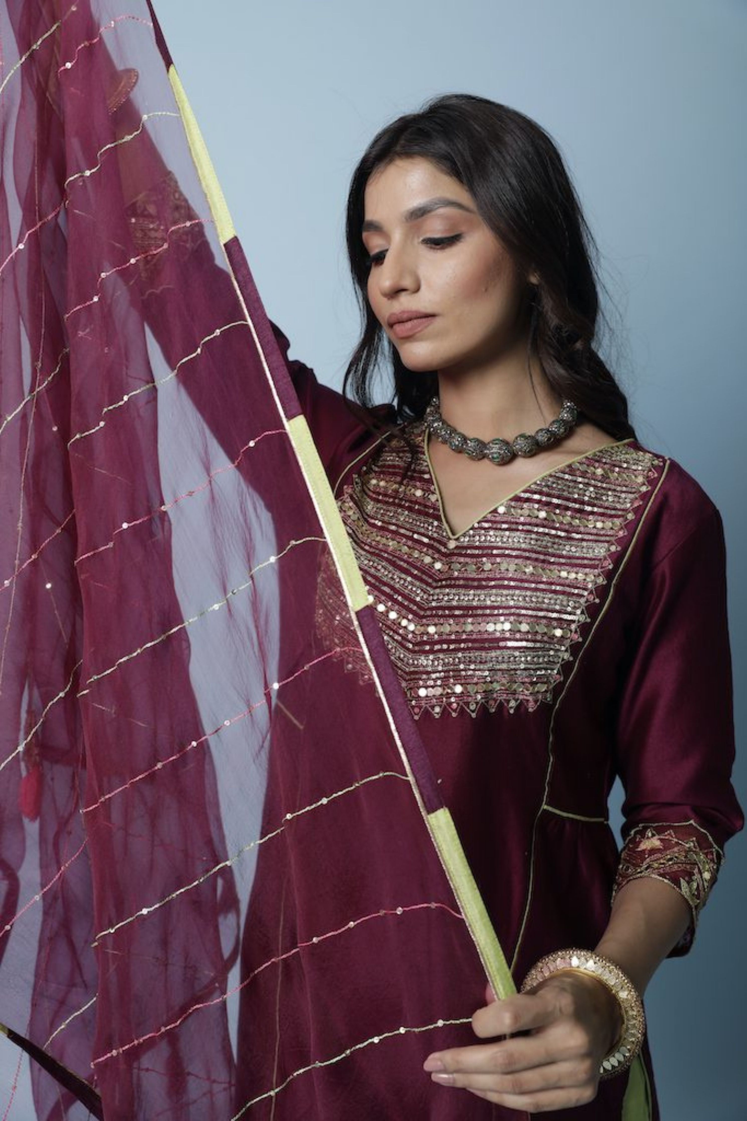 Wine Shade Chanderi Silk Kurta Set