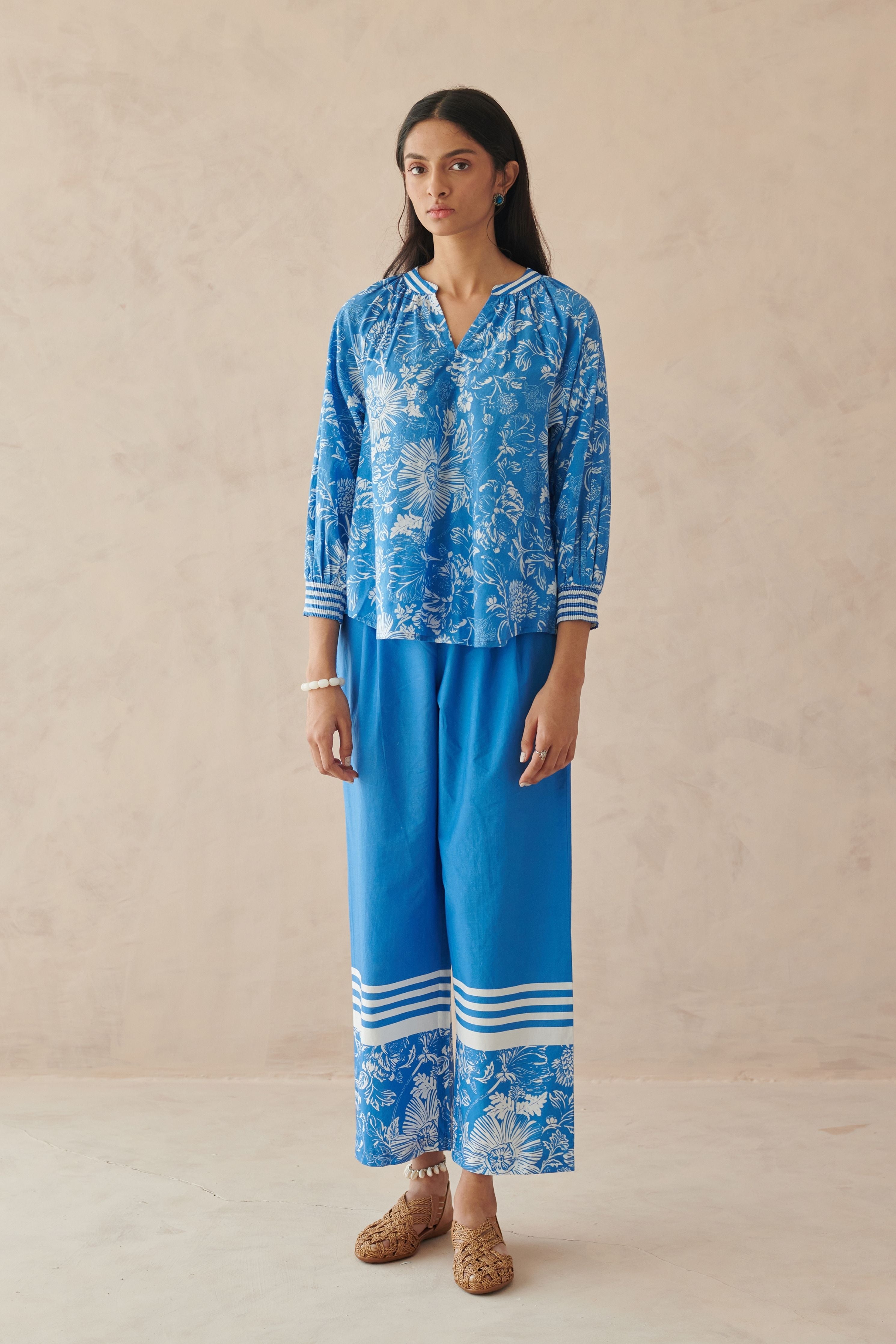 Plush Blue Relaxed  Floral Top
