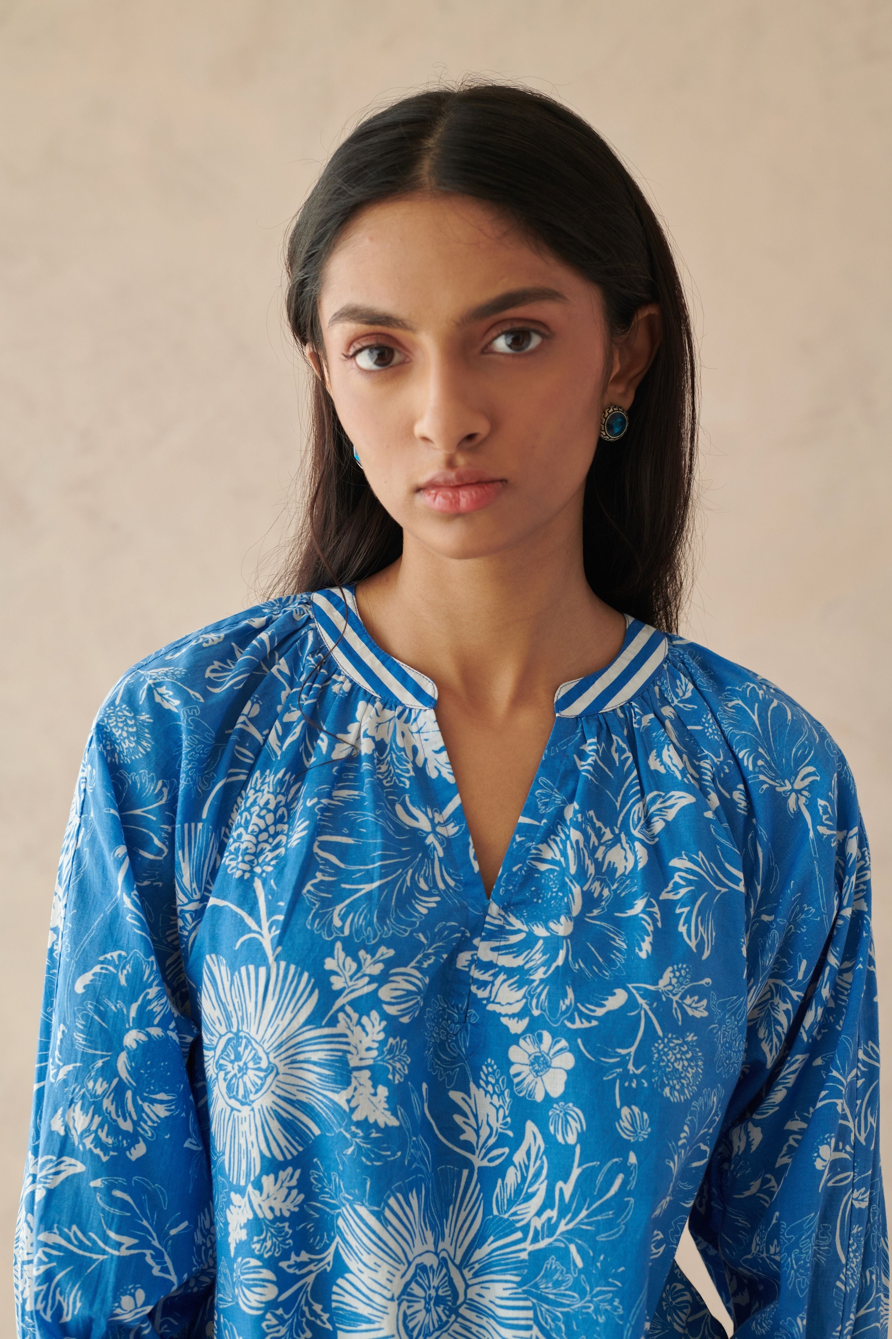 Plush Blue Relaxed  Floral Top
