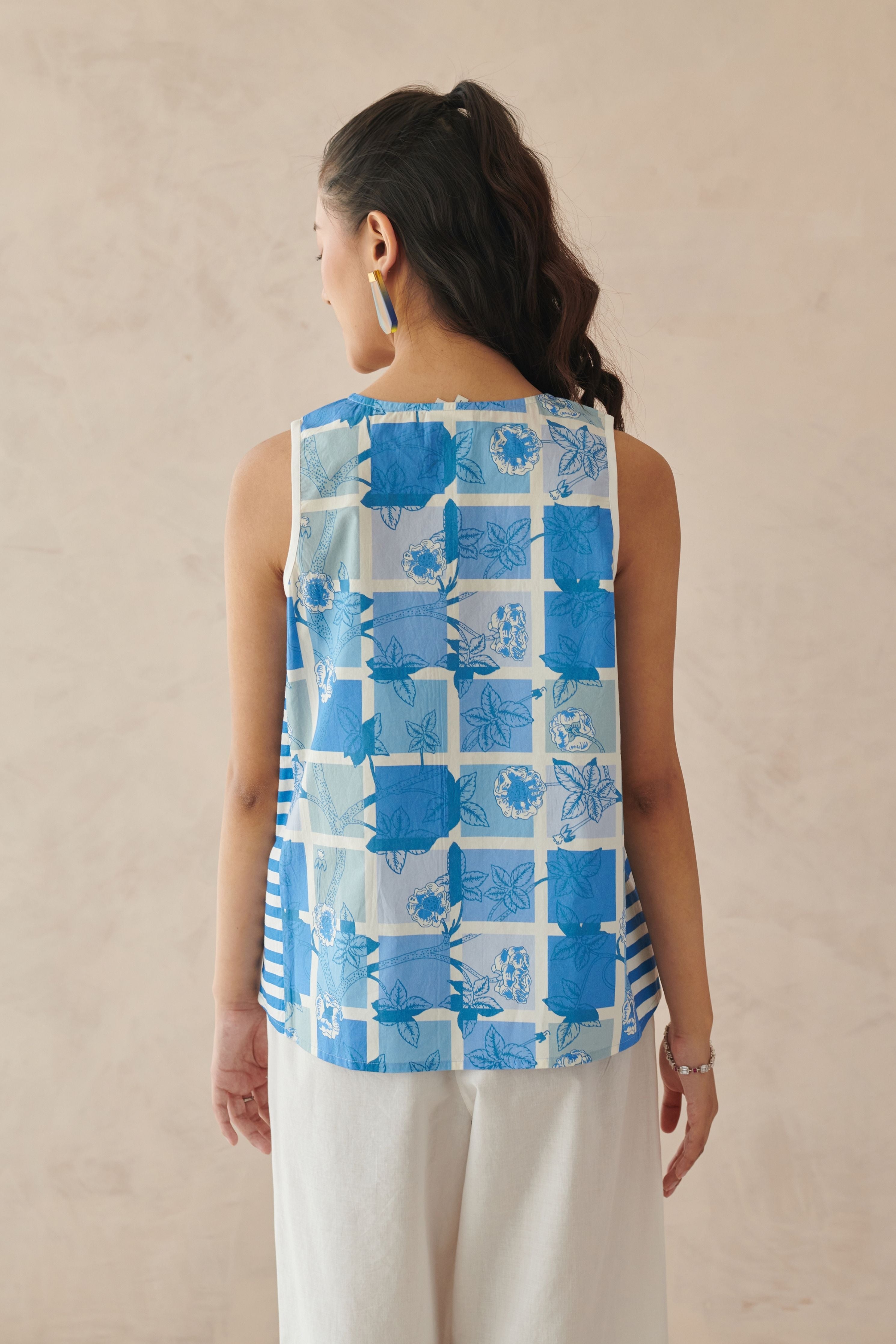 Vaya Blue White Mosaic Floral Top