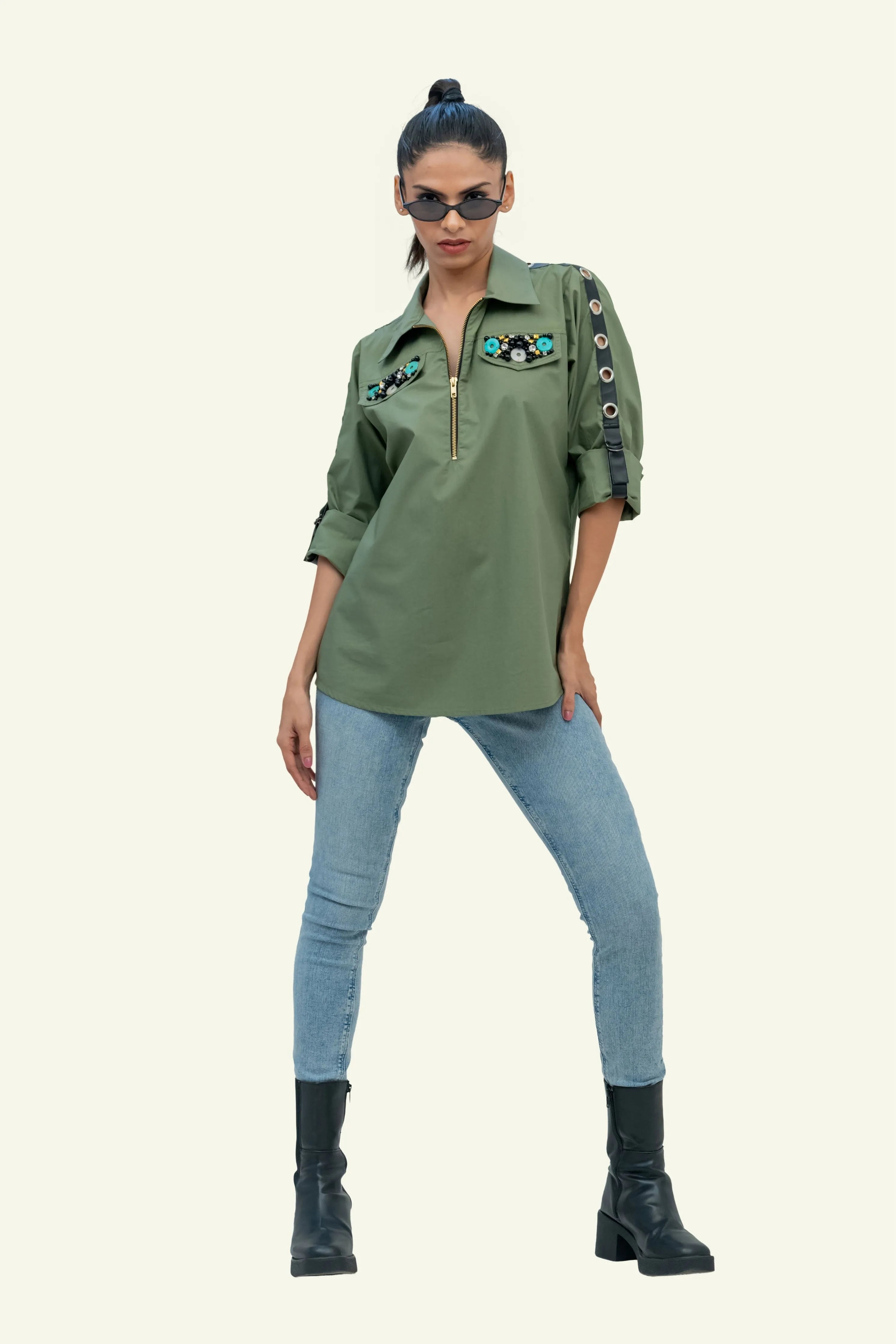 Olive Cotton Shirt with Embroidery on Pockets