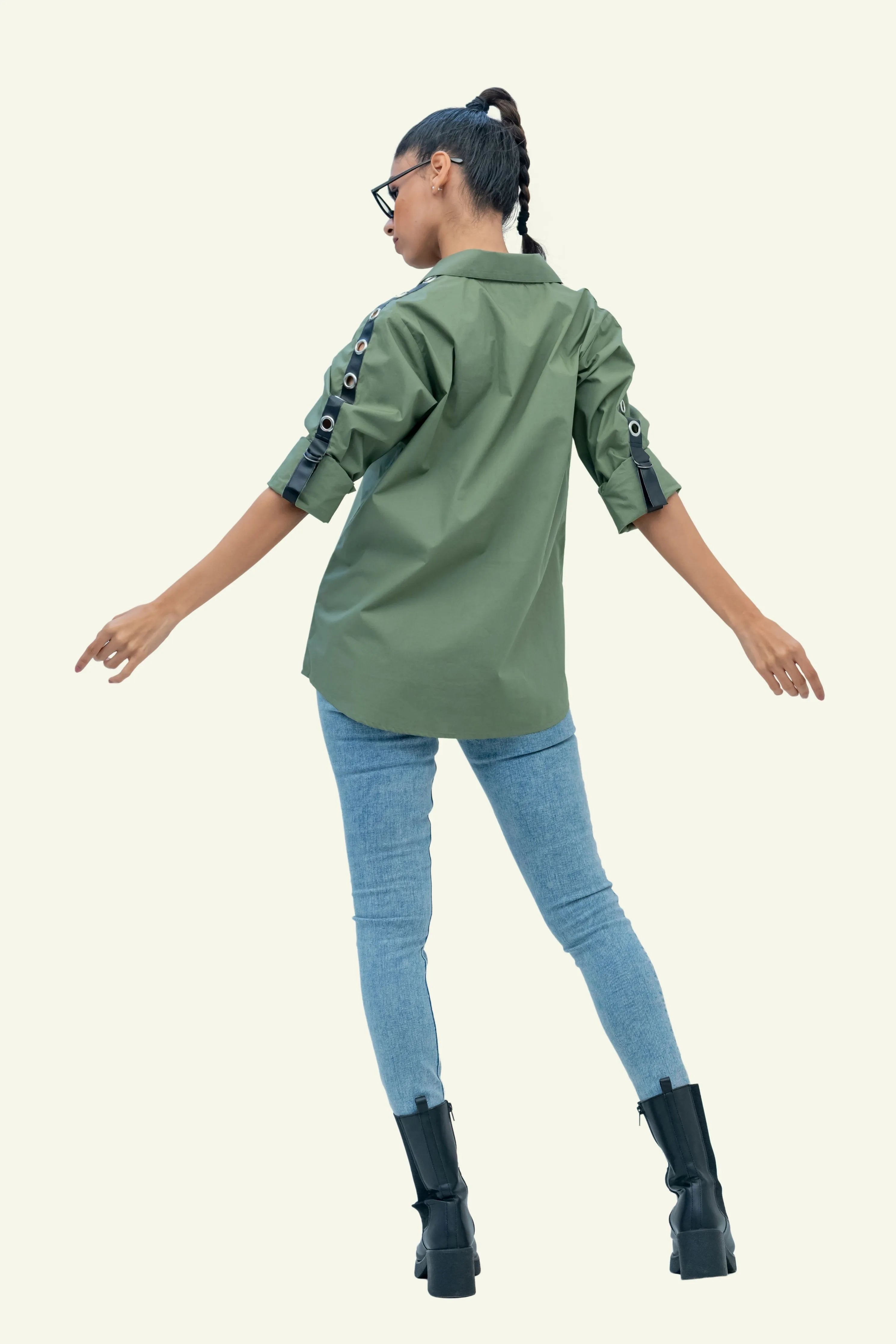 Olive Cotton Shirt with Embroidery on Pockets